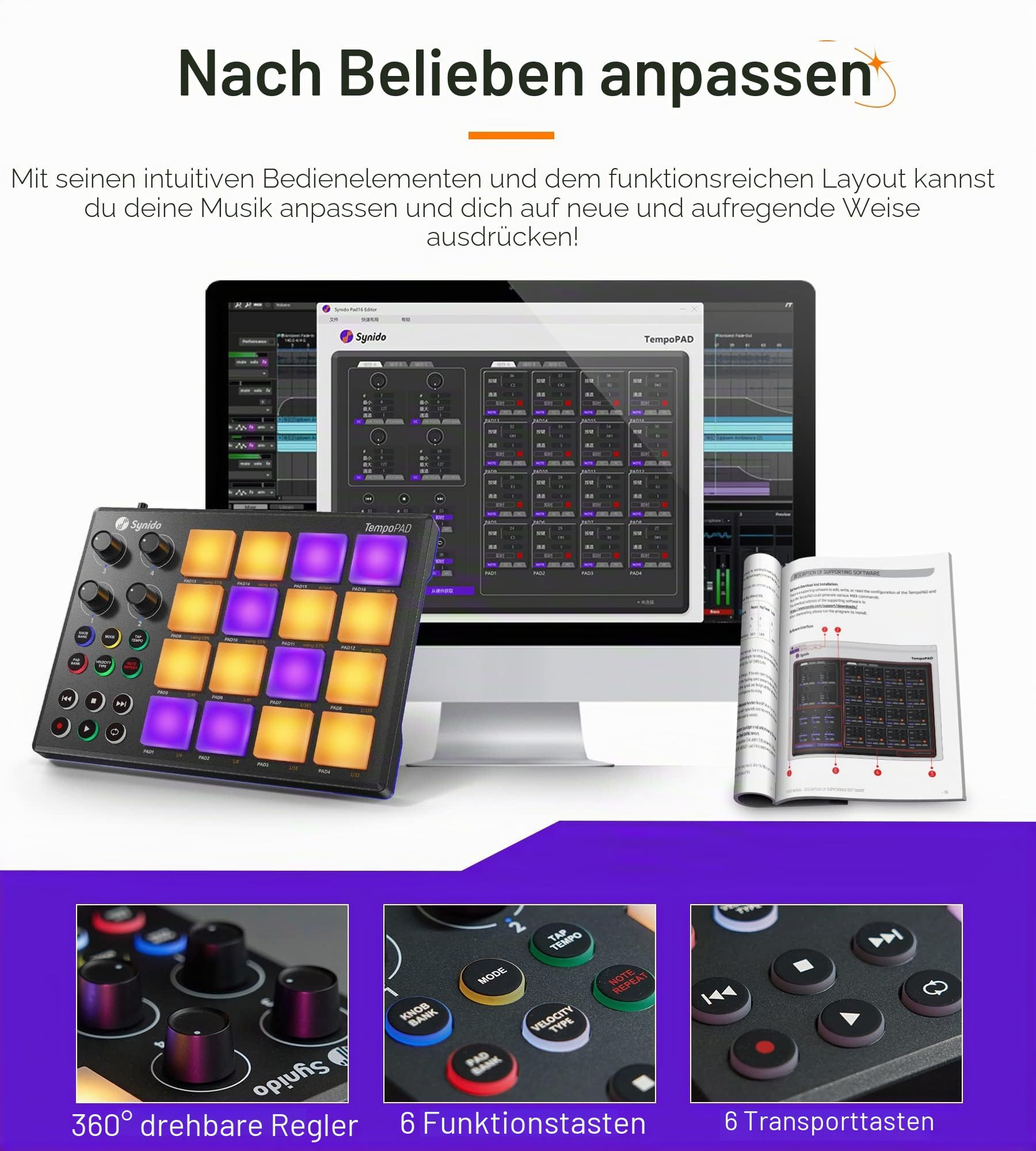 Synido Beat Maker Machine mit 16 RGB Backlit Beat Pads, TempoPAD USB Portable MIDI Drum Pad Controller, 4 zuweisbare Regler, für Anfänger Musikproduktion, Schwarz