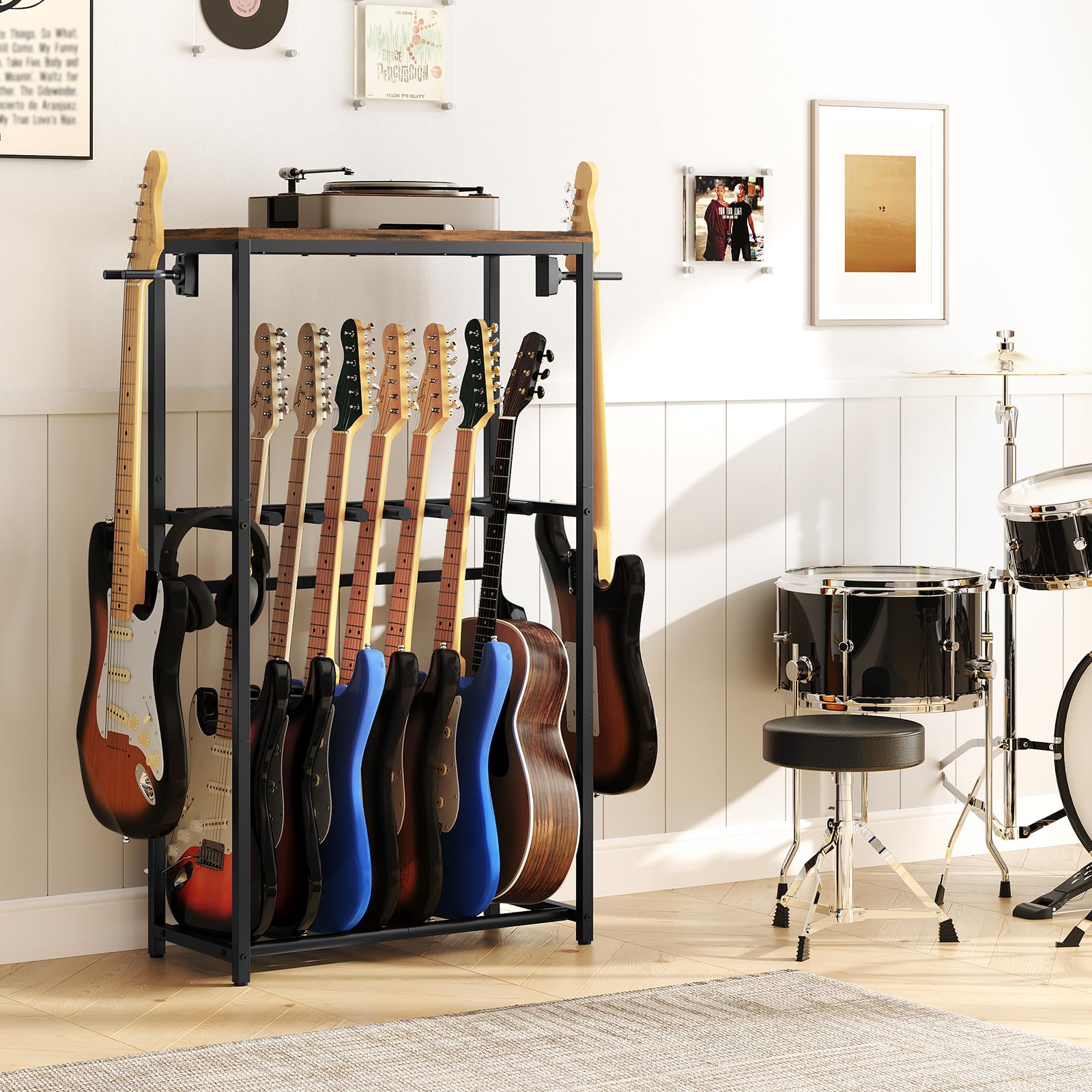 MAHANCRIS Supporto Porta Chitarre a 2 Livelli per 7 Strumenti, Chitarre Acustica, Elettrica, Bass, Ukulele, Banjo, Protezione in EVA, Marrone Vintage e Nero AGSHR6701