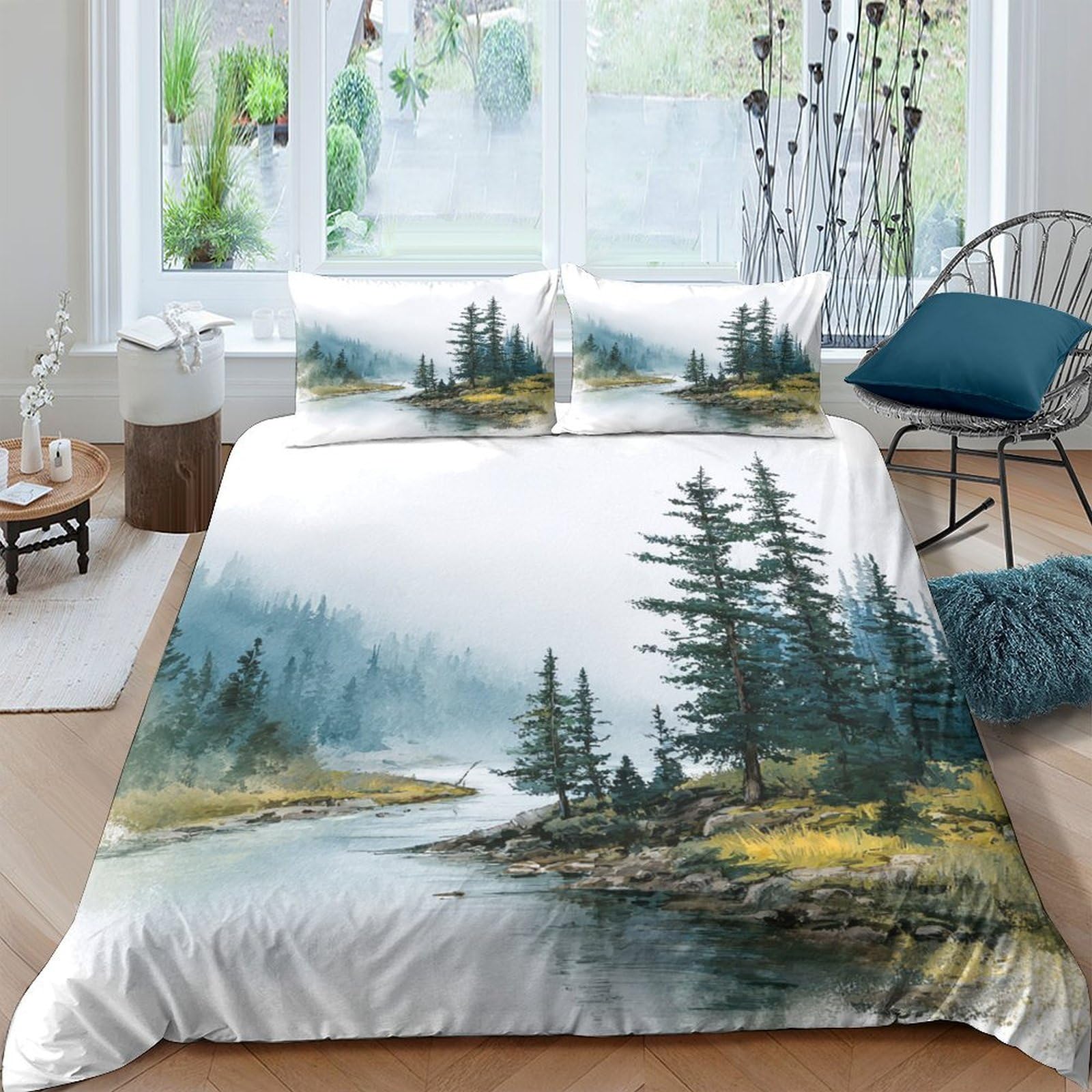Ctjqhvkz Style-9 3D Printed Misty Forest River Fitted Sheet Microfiber Scenic Landscape Bed Cover For Bedroom Guest Room Decor Single（135X200cm）