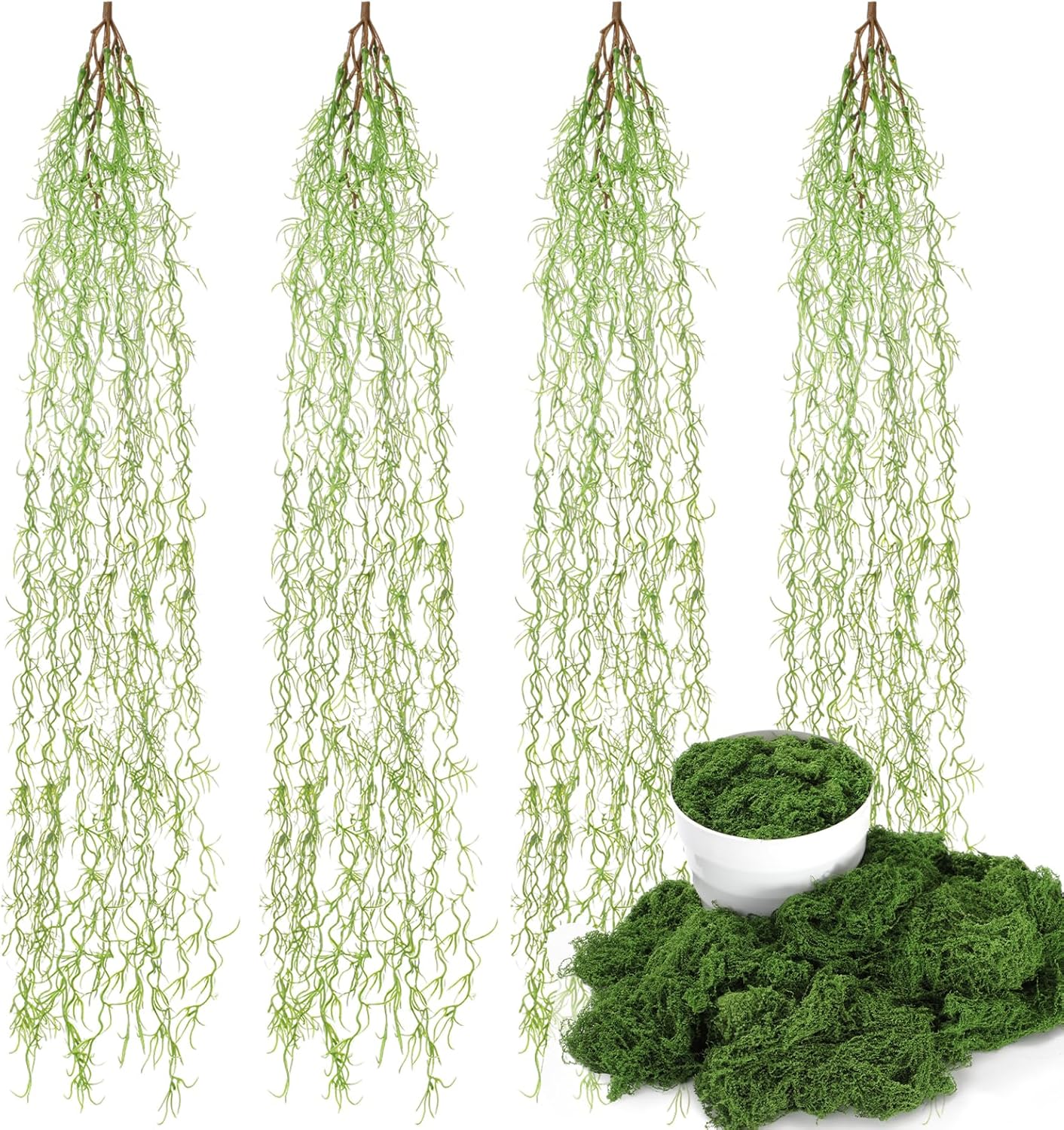 4 Pcs 33 Inch Fake Spanish Moss with 7 oz Artificial Green Moss for Potted Plants Indoor Hanging Garland Greenery Faux Vines Plants Faux Seaweed Greenery for Crafts DIY Garden Home Decor