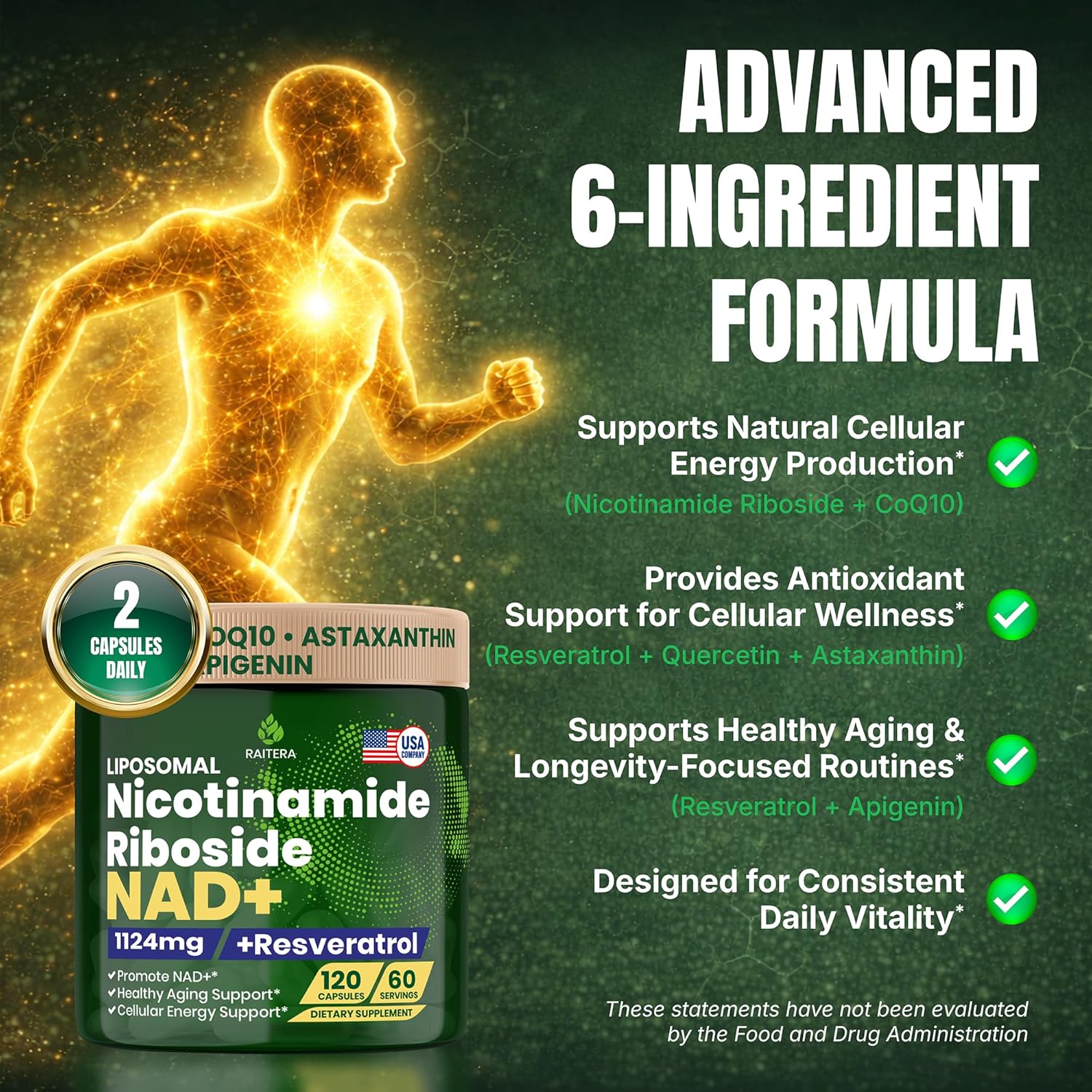 NAD+ Supplement, Nicotinamide Riboside Resveratrol 1124mg, Quercetin, Premium NAD+ Supplement for Cellular Energy & Healthy Aging Support, NMN Alternative for Women & Men - 120 Capsules