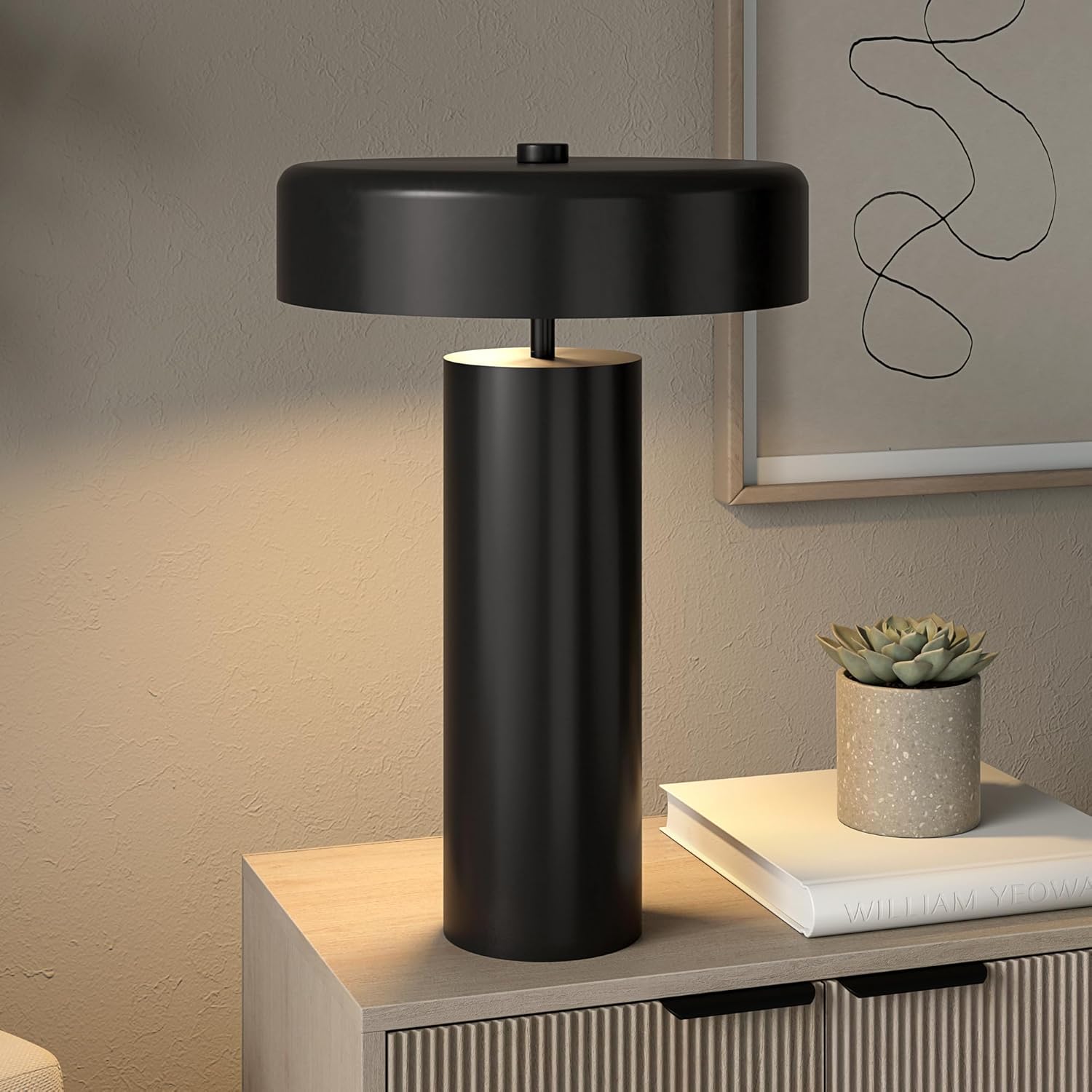 Henn&Hart 23.75" Mid-Century Modern 1-Light Table Lamp with Black Metal Drum Shade for Living Room, Bedroom, or Office, Black