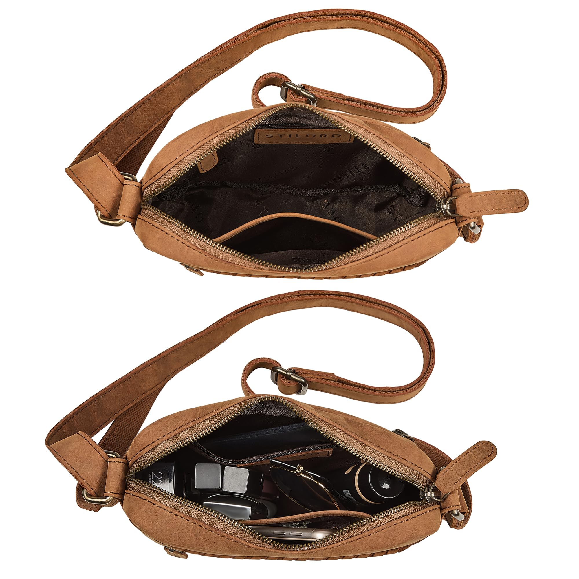 STILORD Marisa Bolso Bandolera Mujer Pequeño Cuero Boho - Bolsa de Hombro Estilo Crossbody Bag en Piel Auténtica con Cremallera para Colgar para Cada Día Color:Tan-marrón-Oscuro