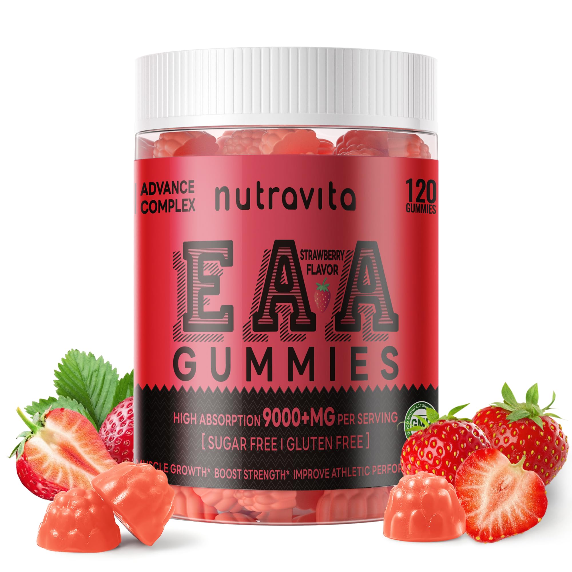 Nutravita EAA Gummies 120 Gummies (Strawberry), 9000mg Essential Amino Acids - All 9 Essential Amino Acids (EAAs) and All Branched Chain Amino Acids (BCAA), Non-GMO, Gluten Free