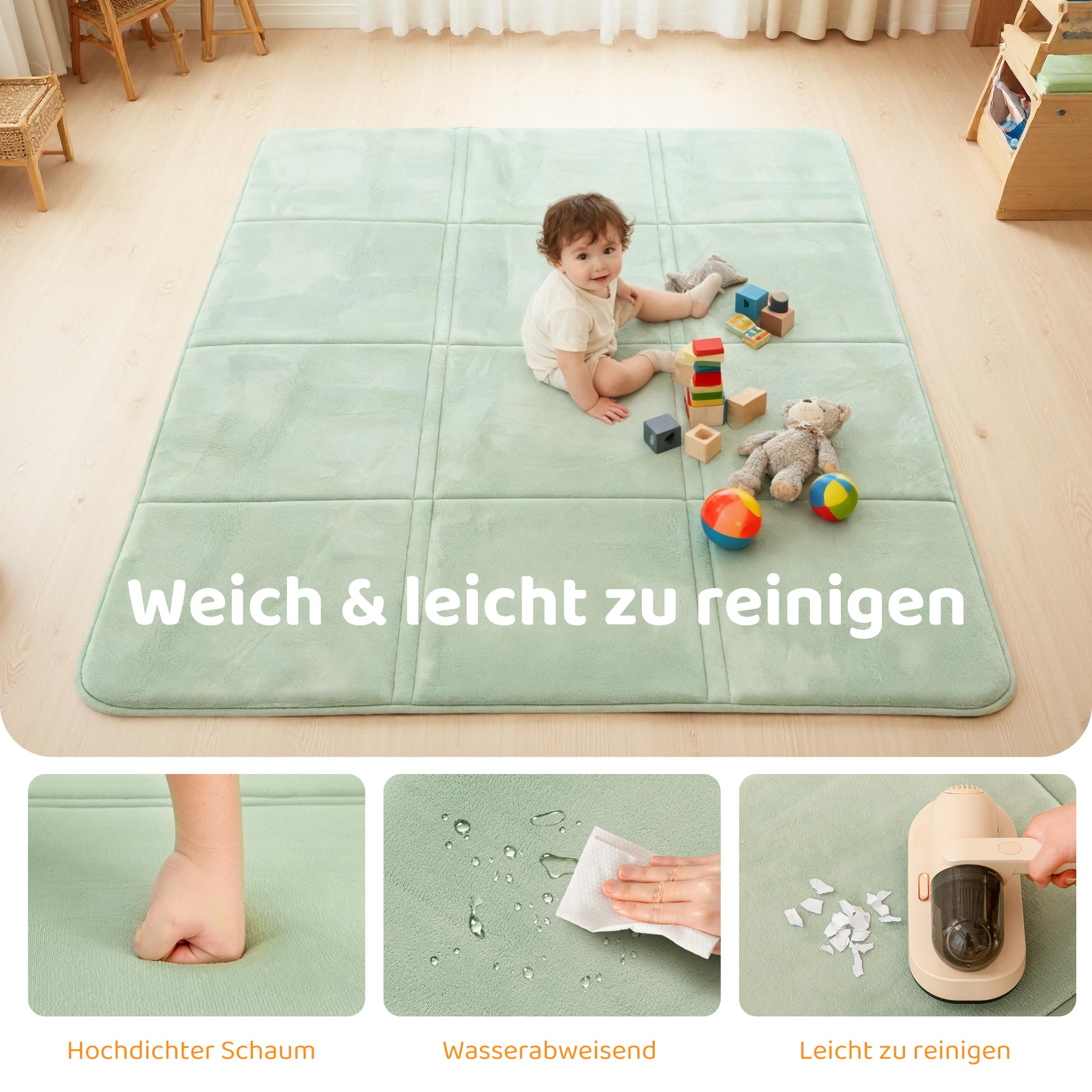 BYBYME 3cm Dicke Faltbare Krabbelmatte Baby, 120x180cm Spielmatte mit Rutschfester Unterseite, Weiche Bodenmatte aus Memory-Schaum für Babys, Kinder & Kleinkinder, Ideal für Wohnzimmer & Yoga, Grün