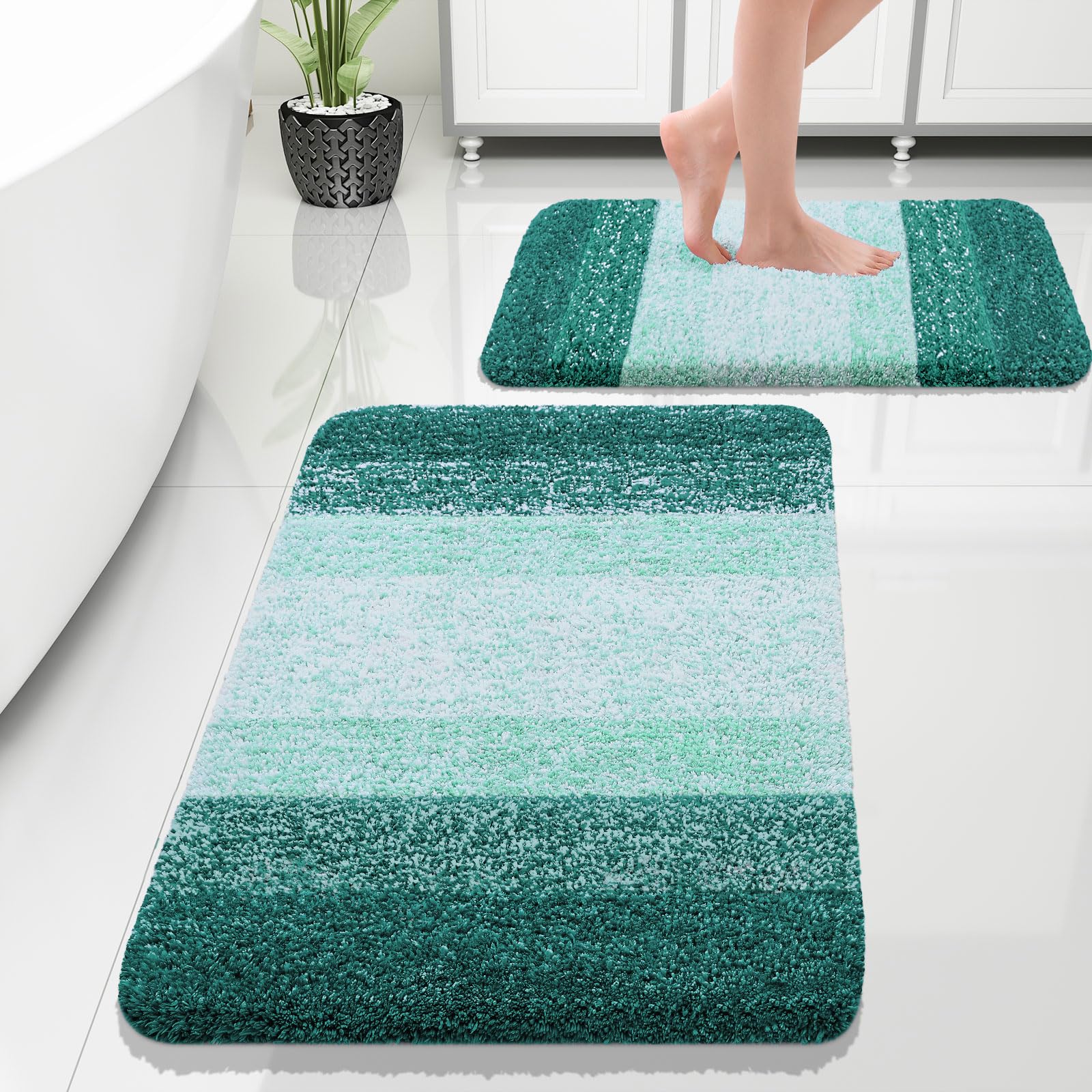 OLANLY Luxury Bathroom Rug Set 2 Piece, Soft Absorbent Microfiber Bath Rug Set, Non-Slip Striped Bath Carpet, Machine Wash Dry, Bath Mats for Bathroom (30"x20"+24"x16", Blackish Green)