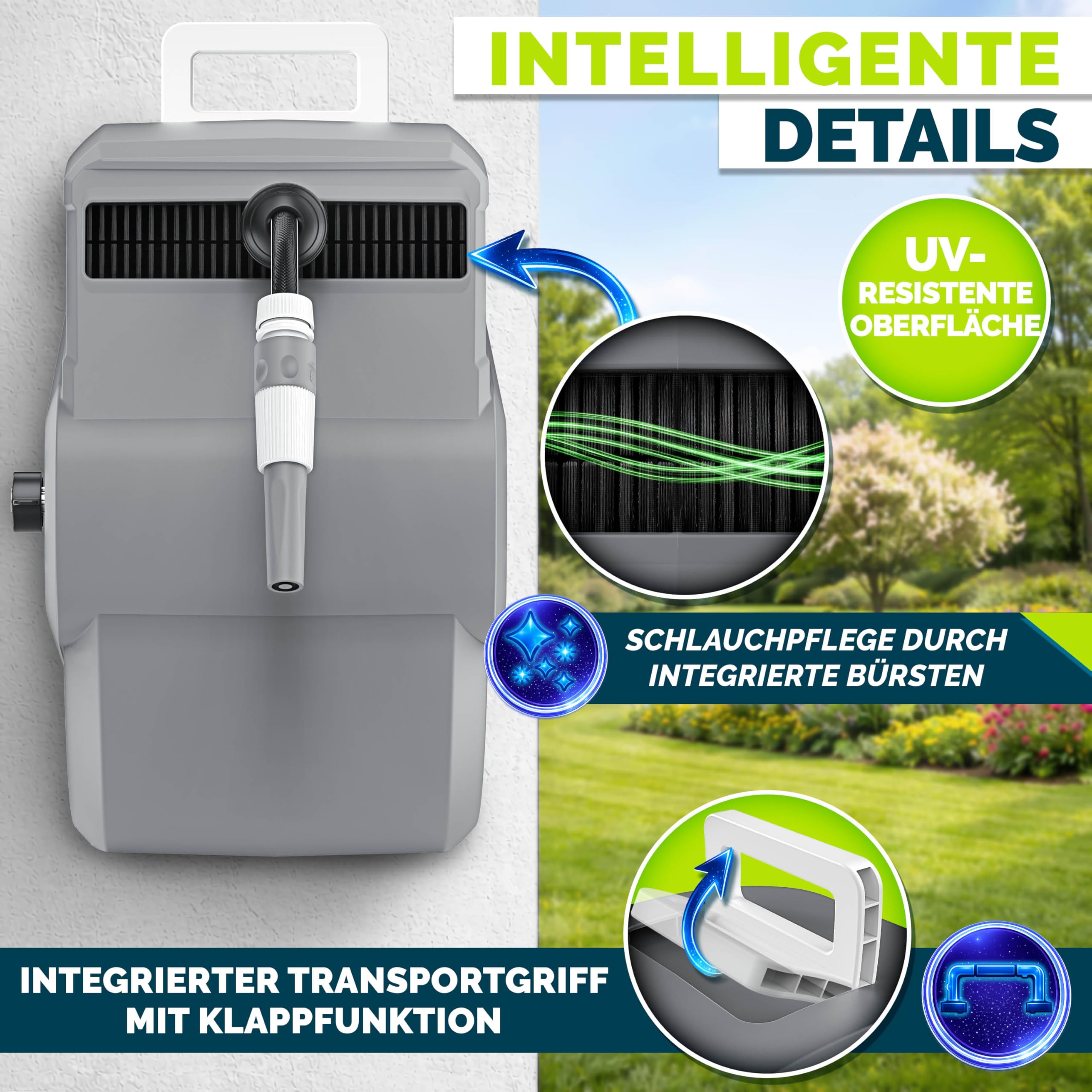 tillvex Schlauchtrommel Wasser mit Wandhalterung + Tragegriff | Schlauchaufroller mit Handbrause und Gartenschlauch | 180° Schwenkbar | Wand-Schlauchbox mit Aufroll-Automatik (Grau, 30m)