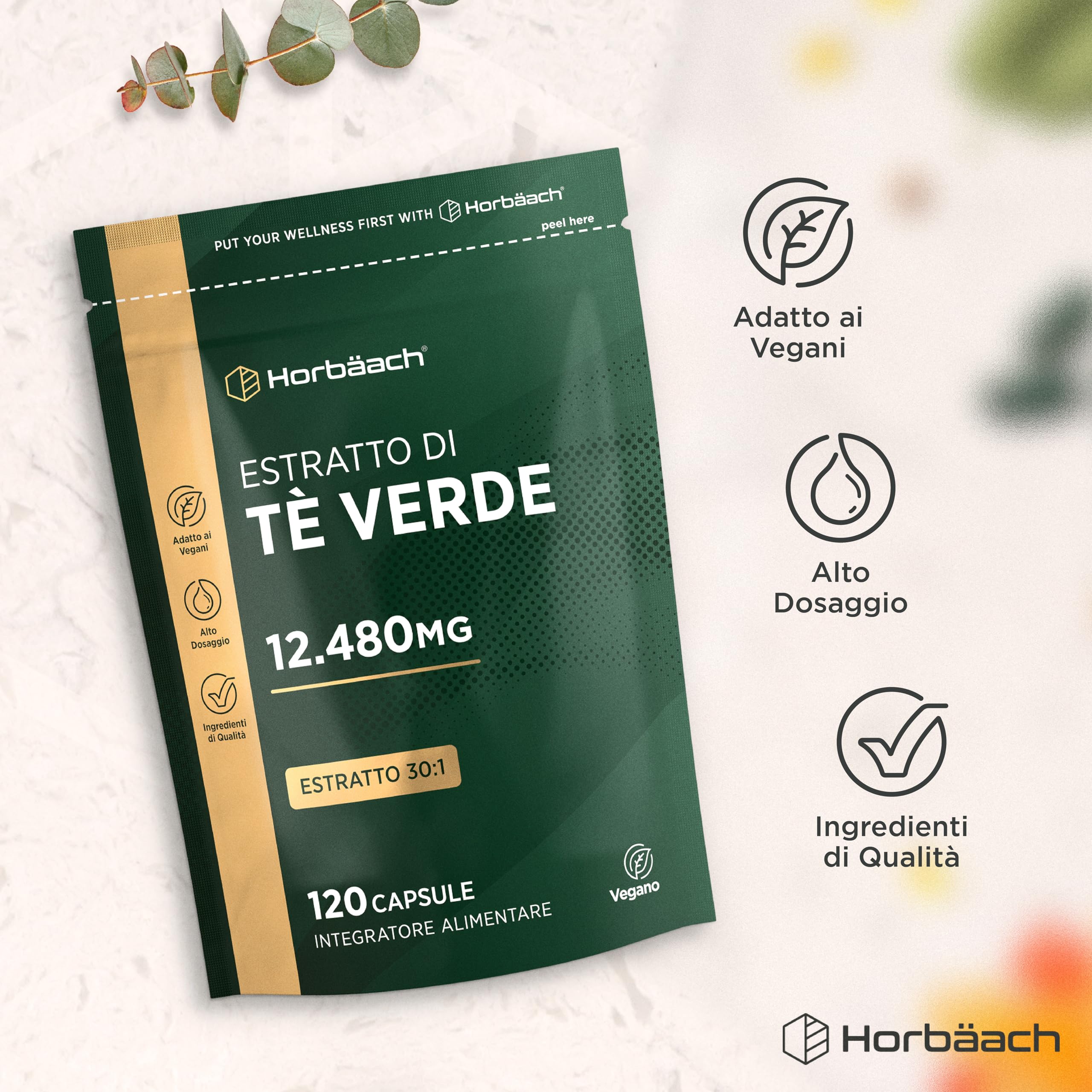 Tè Verde Capsule 12480mg | 120 Capsule Vegane | Estratto di Te Verde Integratore in Polvere | Alto Dosaggio | Green Tea Extract | di Horbaach