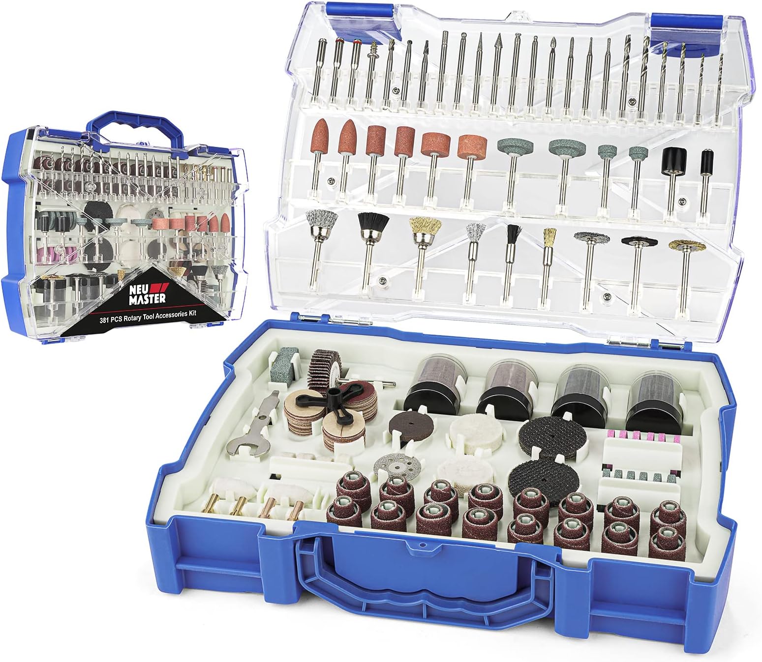 NEU MASTERRotary Tool Accessories Kit, 381Pcs Accessory Set, Carving Polishing Drilling Kits,1/8"(3.2mm) Diameter Shanks Universal Fitment for Easy Cutting, Sanding, Grinding,Sharpening and Engraving