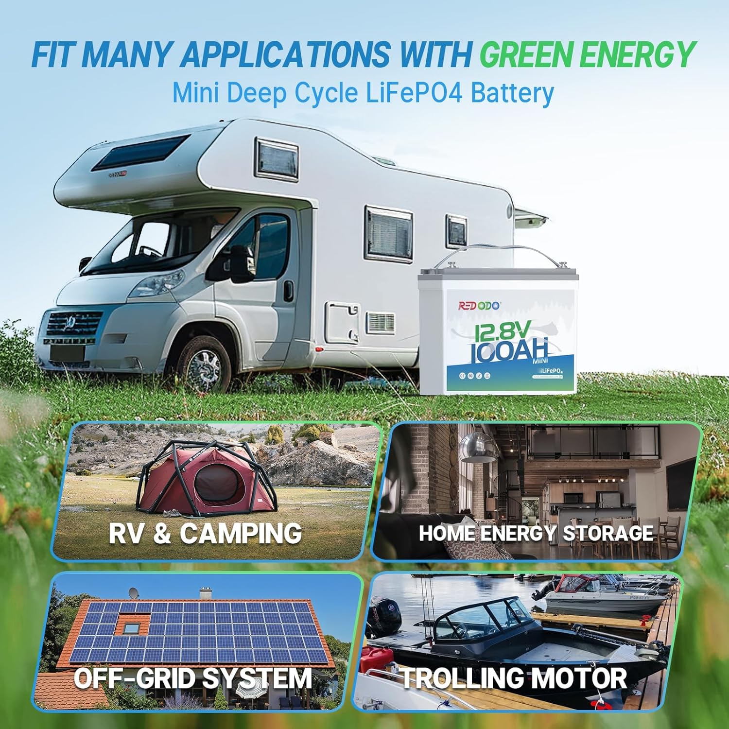 Redodo 12V LiFePO4 Battery 100Ah Mini with 14.6V 20A Battery Charger, Built-in 100A BMS, Up to 15000 Cycles & 10 Years Lifetime, Install in Any Directions, for Solar Home Energy Storage, RV, Camping