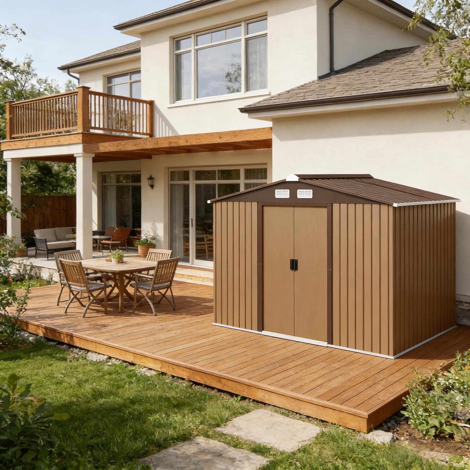 Outdoor Storage Shed with Double Sliding Doors, Spacious Metal Garden Shed Kit for Tools and Lawn Equipment, Rust-Resistant Galvanized Steel Construction with Ventilation