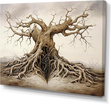 DesignQ Large Surrealism Wall Art, Surreal Tree Of Entwined Roots, surrealism Wall art decor, Beige Canvas wall art, 20x12 inches