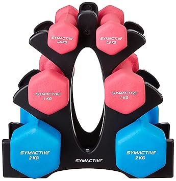 Amazon Brand - Symactive Neoprene Coated 7 kg Dumbbell Combo | Non-Slip Grip | Weight Numbers Printed on Cap | Resistance Training | Set of 2-0.5/1/2 kg | Multicolour - image, photos