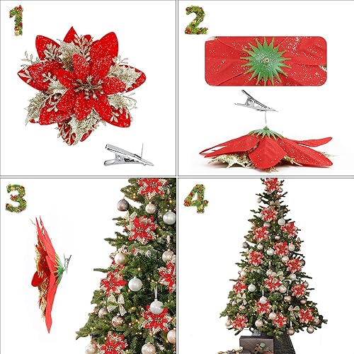 Miniatura 7 de SITUMEIZI 24 Piezas Flores de Pascua Artificiales de Navidad Rojas Doradas 5.5" Flores de Pascua con Purpurina Decoraciones de Navidad Flores de