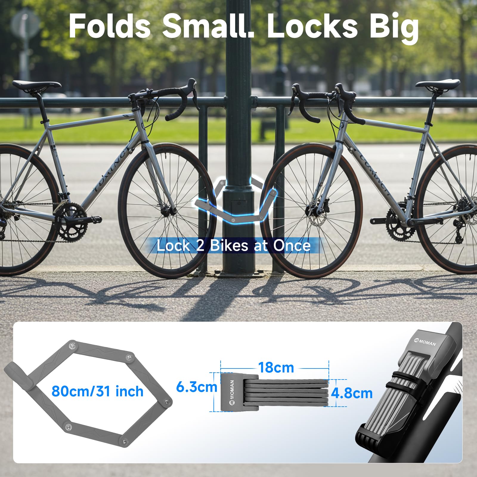 Lucchetto Pieghevole per Bici, Moman Antifurto Pieghevole Portatile Lucchetto per Bicicletta 80cm Alta Sicurezza Acciaio Temprato con Supporto & 2Chiavi di Sicurezza per Bici Moto E-Scooter, Grigio