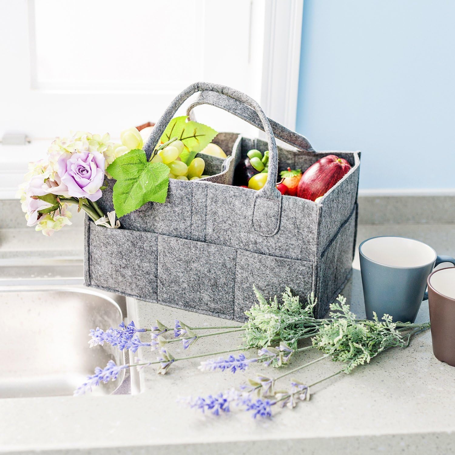 MaidMAX Cesta para Accesorios de Bebé, Canastilla de Bebé, Pañalera Portátil con Compartimentos Ajustables, para Hogar, Coche, Viaje, Gris | Bolsa de fieltro portátil multifuncional con compartimentos intercambiables para habitación de los niños, coche y