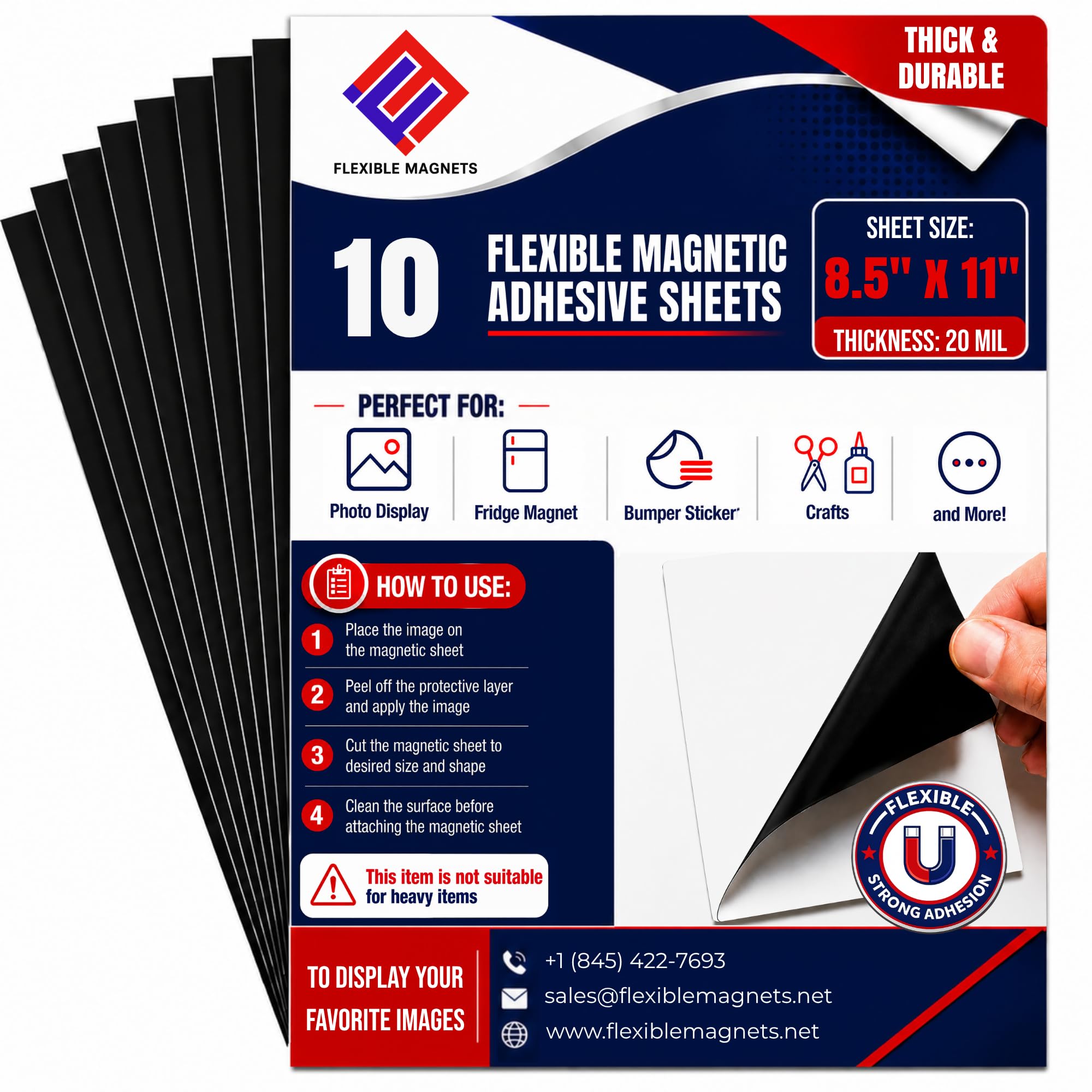 Flexible Magnets – 8.5' x 11' Adhesive Magnetic Sheets (10 Pack)