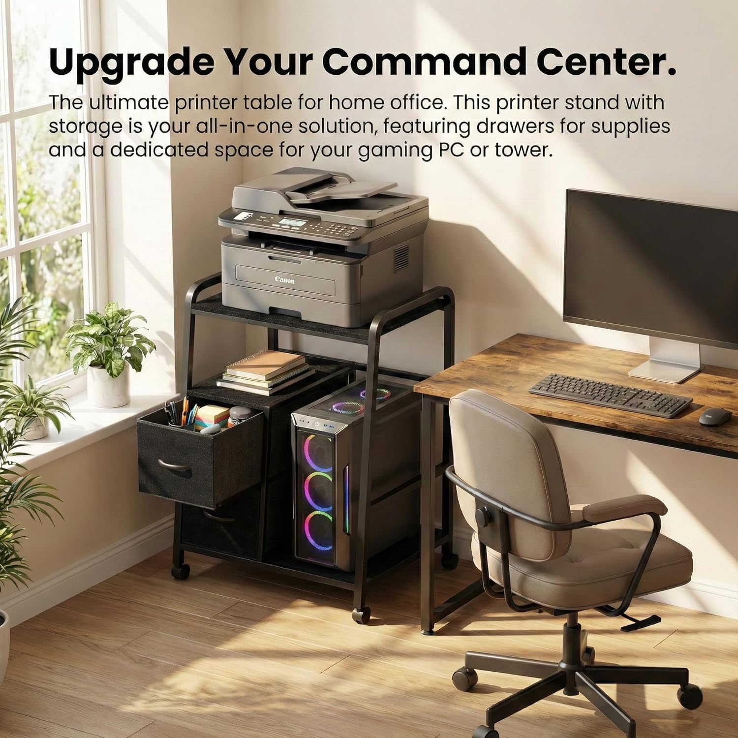 Printer Stand Featuring Fabric Drawers, Under Desk Host Computer Cabinet and Shredder Shelf, Heavy Duty Printer Stand with Storage Workstation Organization Printer Table for Home Office