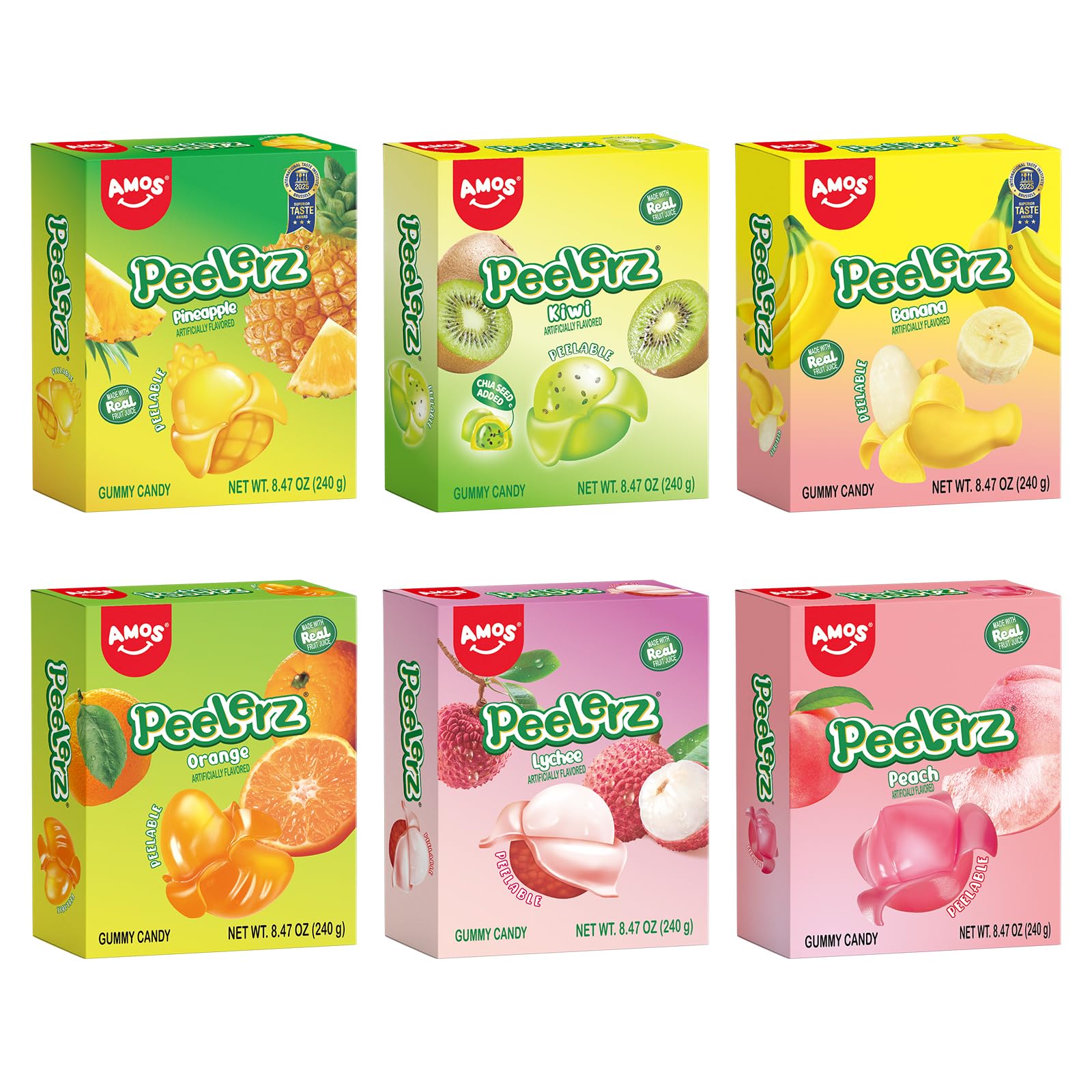 Amos Peelerz 6-Flavor Peelable Gummy Mix - Tropical Variety Pack (8.47oz Box) | Kiwi, Peach, Pineapple, Orange, Lychee & Banana