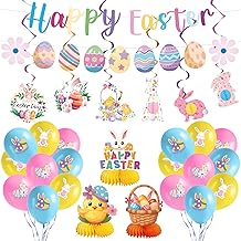Happy Easter Easter Decoration Set with Banner Easter Egg Garland Hanging Bunnies & Chicks Balloons Table Centerpieces Ideal Easter Party Living Room Garden & Spring Celebrations