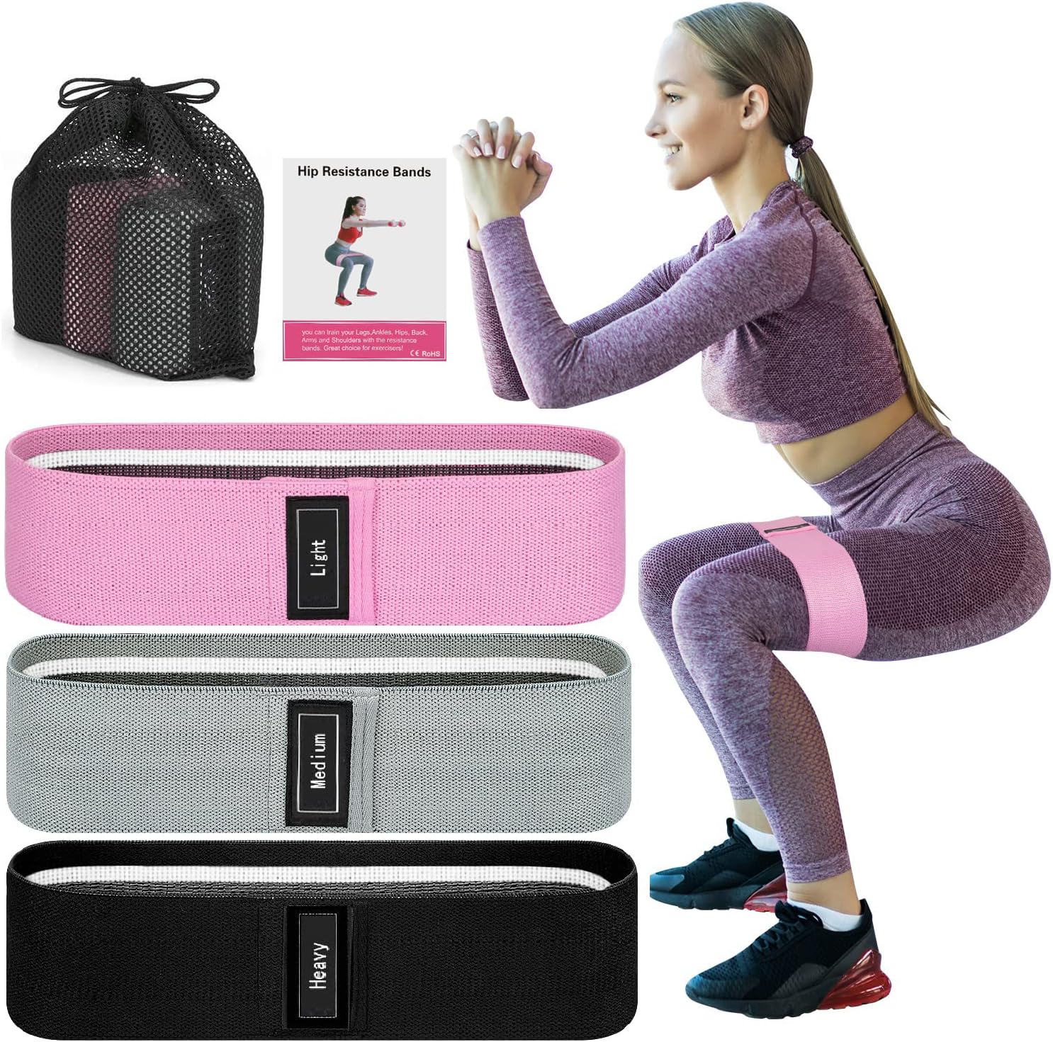 Allvodes Booty Bands, Fabric Resistance Bands for Legs and Butt, Non Slip Exercise Bands for Women Men, Elastic Strength Squat Band, Workout Beginner to Professional - 3 Pack Set