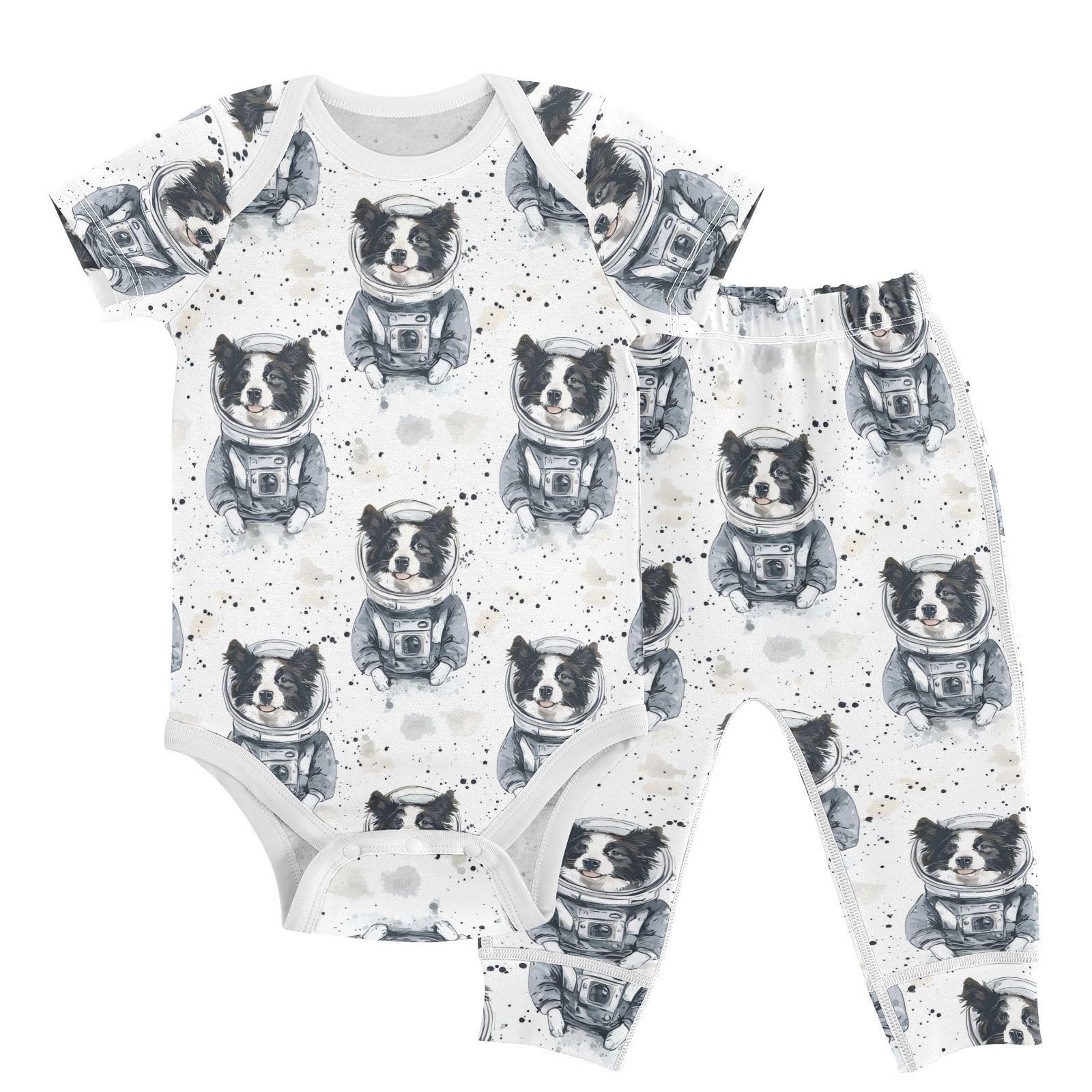 vvfelixl Border Collie Astronaut Baby Bodysuits Set,Baby Layette Sets Unisex Short Sleeve Babys Pants Sets 6-9M