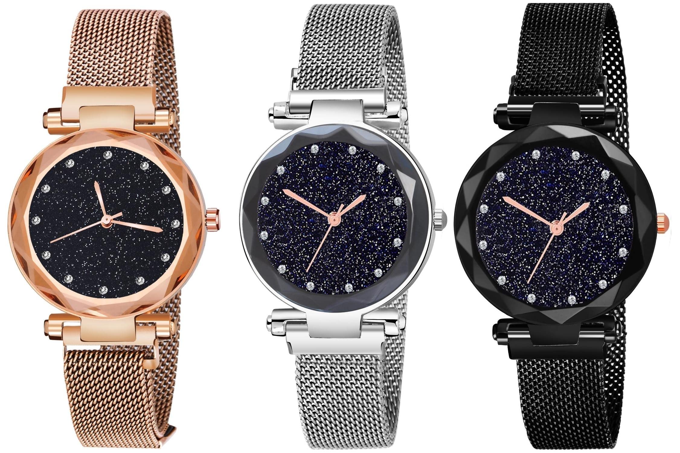 CounityRound Dial with Latest Generation Magnet Belt Analogue Watch for Women Combo Pack of - 3 (Golden+Silver+Black)