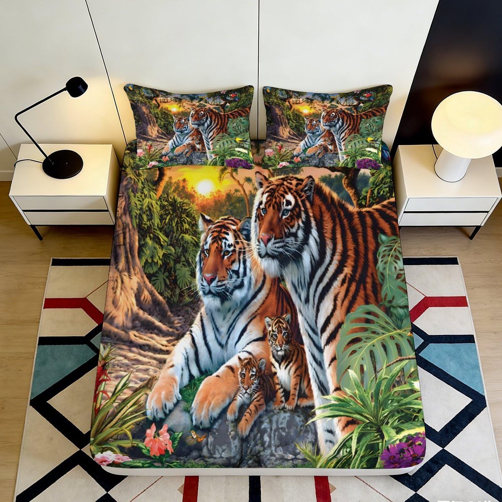 3D Printed Jungle Tiger Fitted Sheet Microfiber Non-Slip Deep Pocket Bedroom Bedding Jungle Tiger Mattress Fitted Cover for All Ages Washable 200x200x25cm