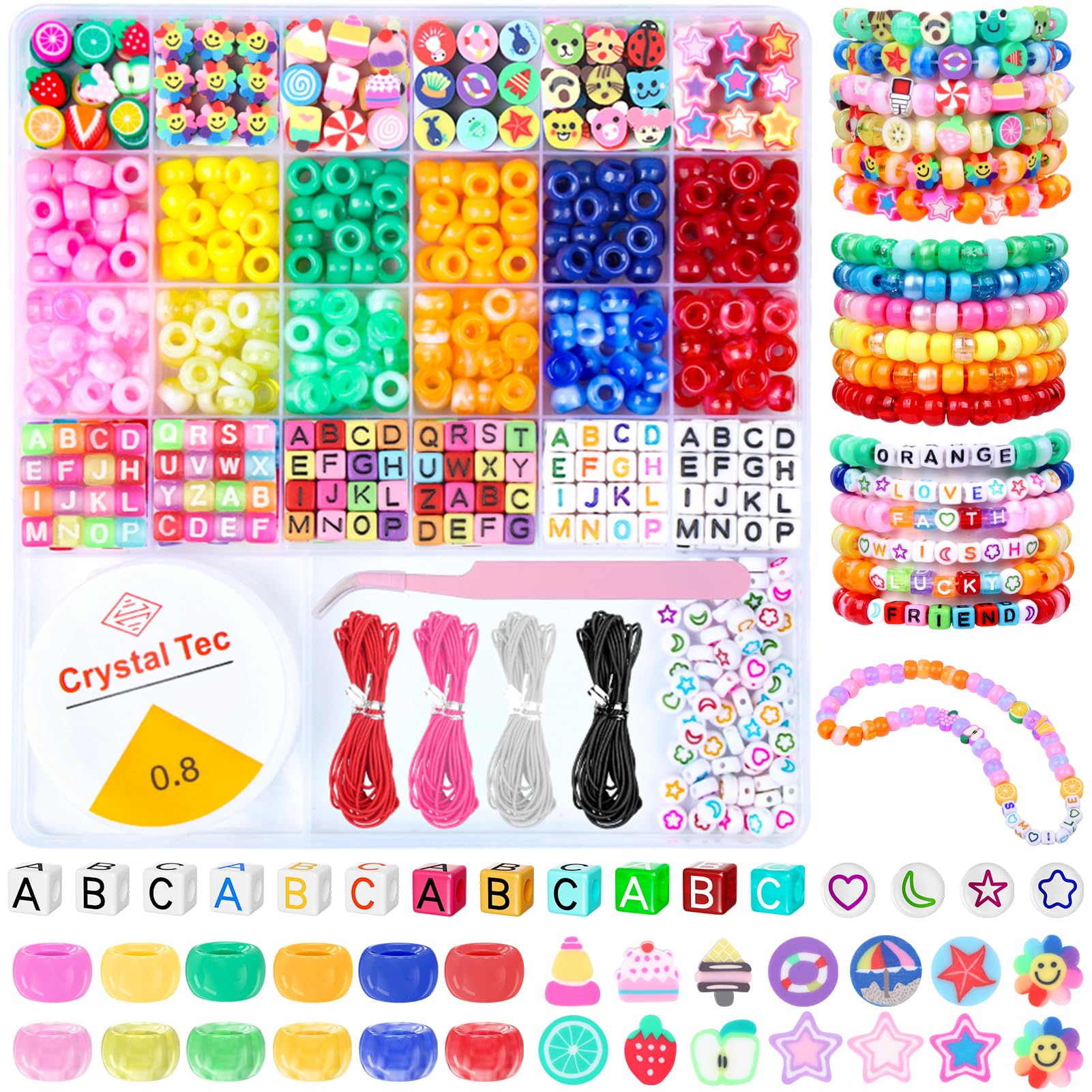 TLAOKLIU Pony Beads Bracelet Kit, Friendship Bracelet Making Kit Kandi Bead Bracelet Includes Alphabet Beads Polymer Clay Beads Flat Round Beads Rainbow Plastic Beads DIY Crafts Jewelry Making