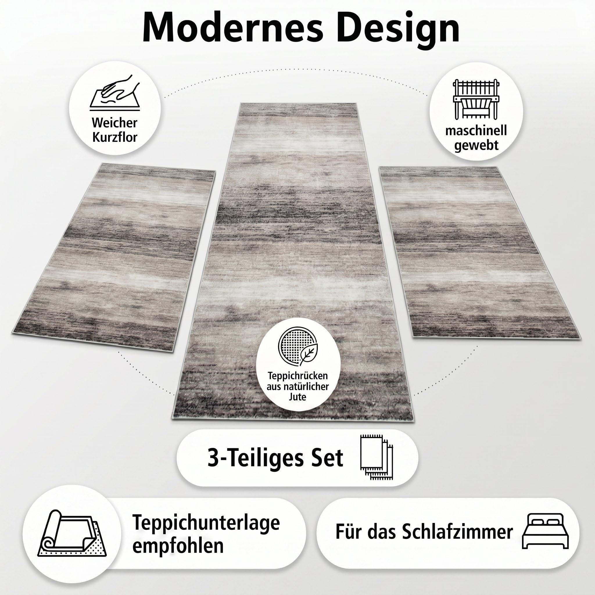 oKu-Tex Bettumrandung Set 3-teilig [67x340 cm | 2 mal 67x140 cm] Beiger Bettvorleger, meliert - weicher Kurzflor pflegeleicht - Bettvorleger Schlafzimmer - Modernes meliertes Design - Deutsche Marke