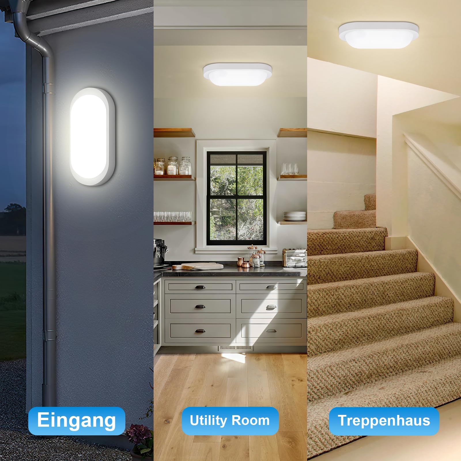 3 Stücke Wandlampe mit Bewegungsmelder, IP65 Kellerleuchte mit Dämmerungssensor, 12W Feuchtraumleuchte, 1080LM LED Deckenleuchte, 4000K Lampe Oval für Keller, Flur, Garage, Balkon