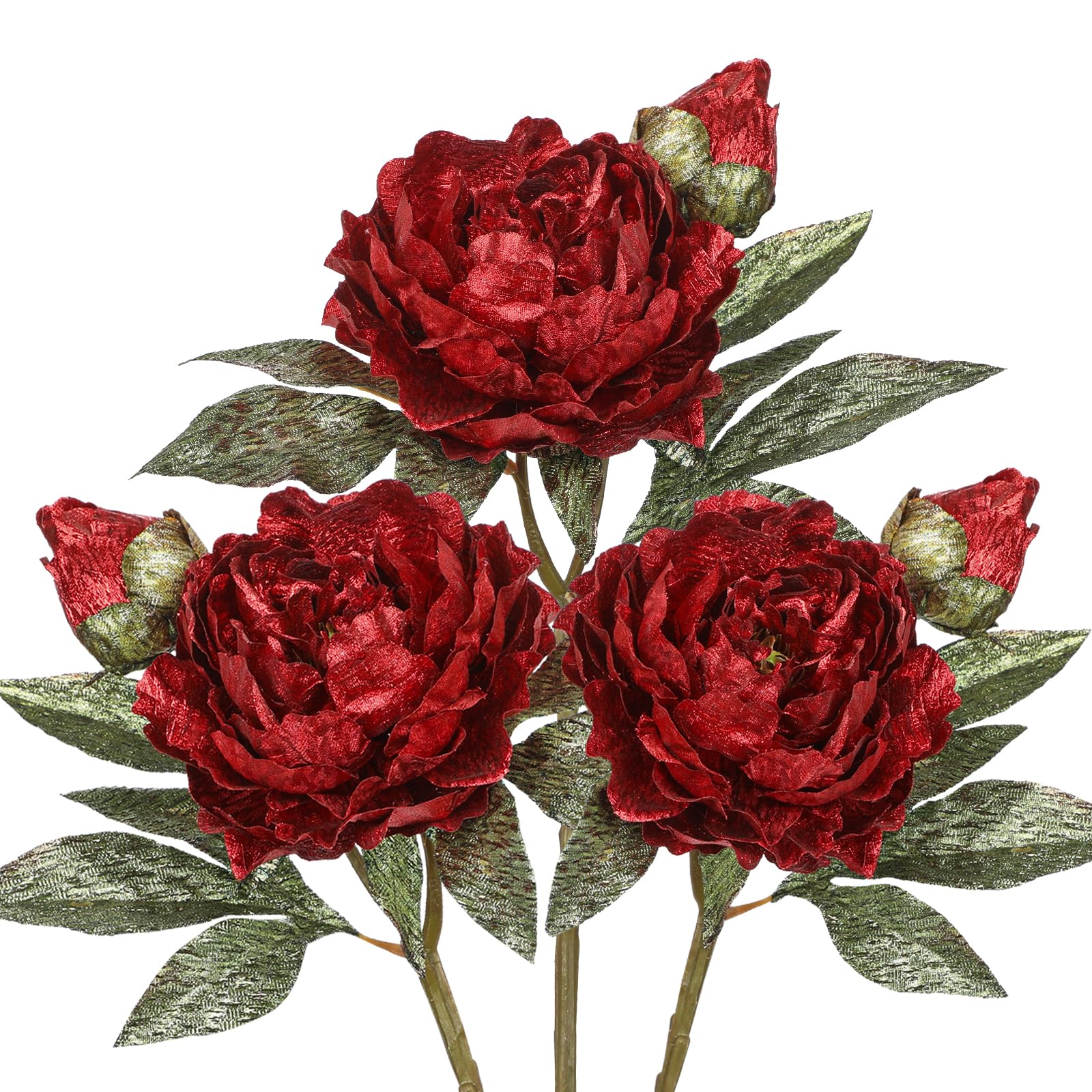 Hollyone 38cm Künstliche Pfingstrosen Stiel Glitzernde 3PCS Rot Kunstblumen mit Knospen Dekorative Weihnachtsblumen Seidenblumen für Vase Blumengesteck Home Weihnachten Dekoration