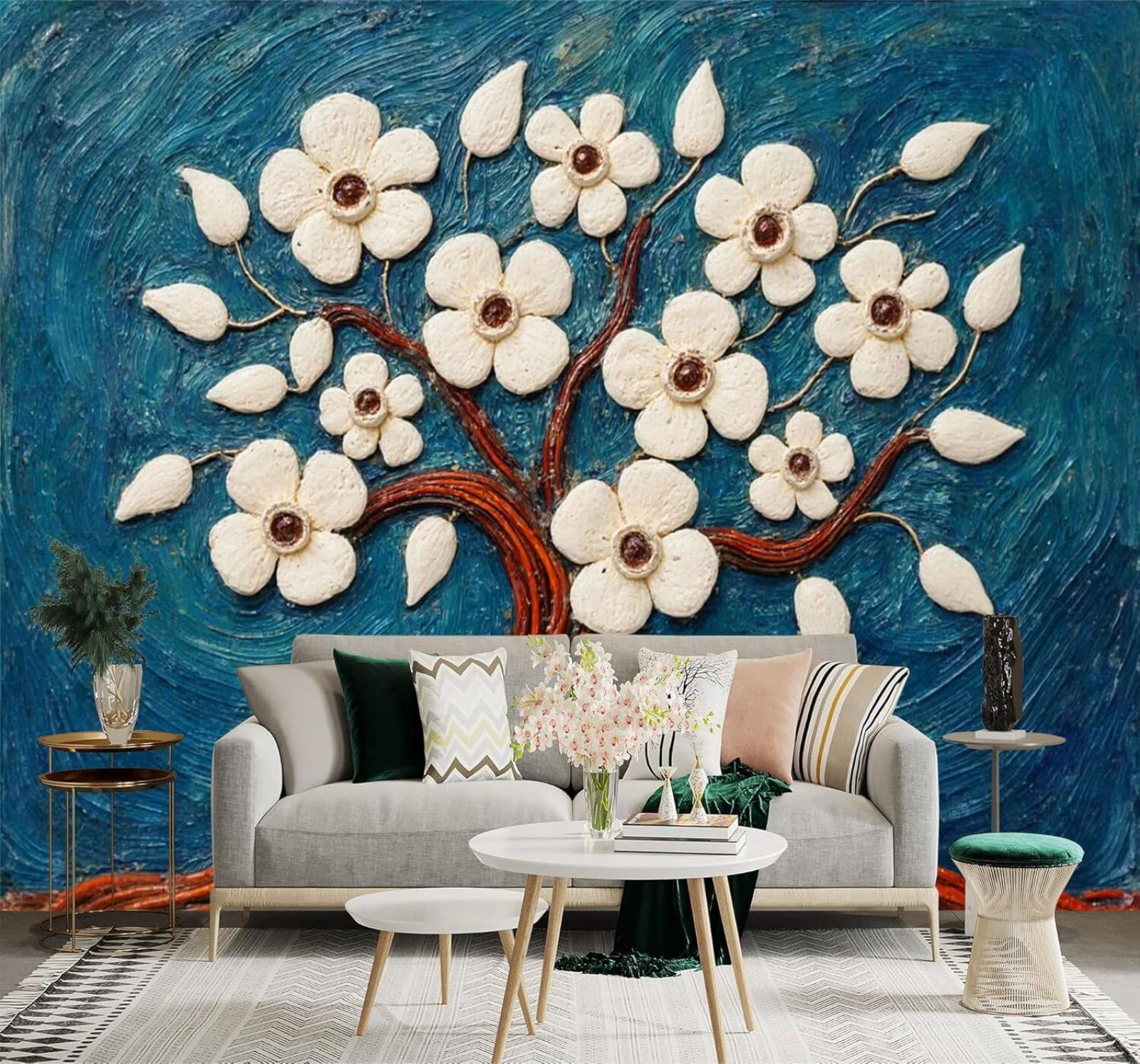 Xlming 400Cm×280Cm(B×H) White Flowers Trees Abstract Blue Textures Art 3D Wallpaper Silky Texture Home Study Office Grey Dining Room Sofa Bedroom Living Room Tv Backdrop-400Cm×280Cm