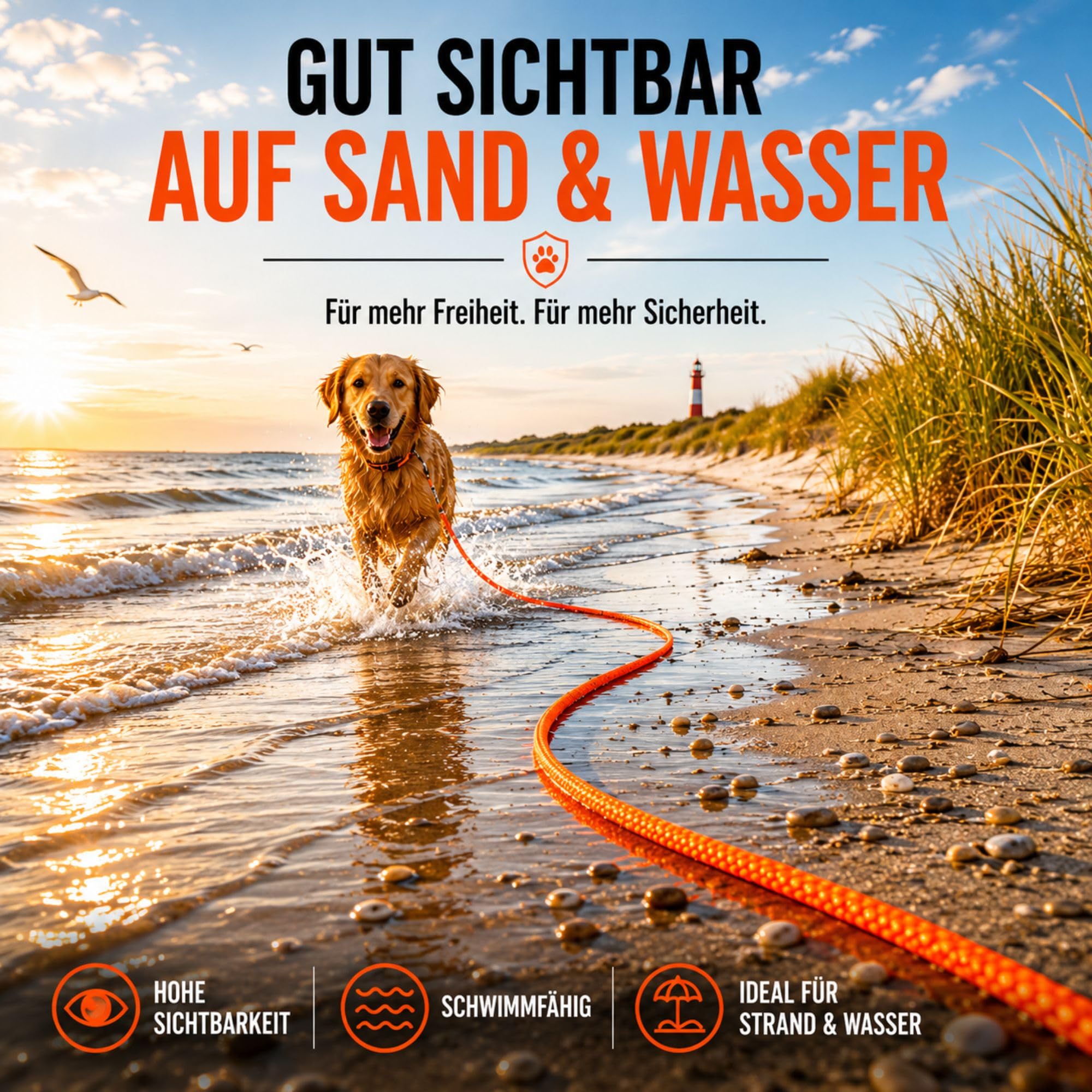 Schleppleine Hund schwimmend, ohne Handschlaufe, 10 m, Leuchtend Orange - robuste Feldleine mit Drehgelenk-Karabiner, Zuglast 230 kg, Trainingsleine für Hunde, Wasser- & Geländearbeit