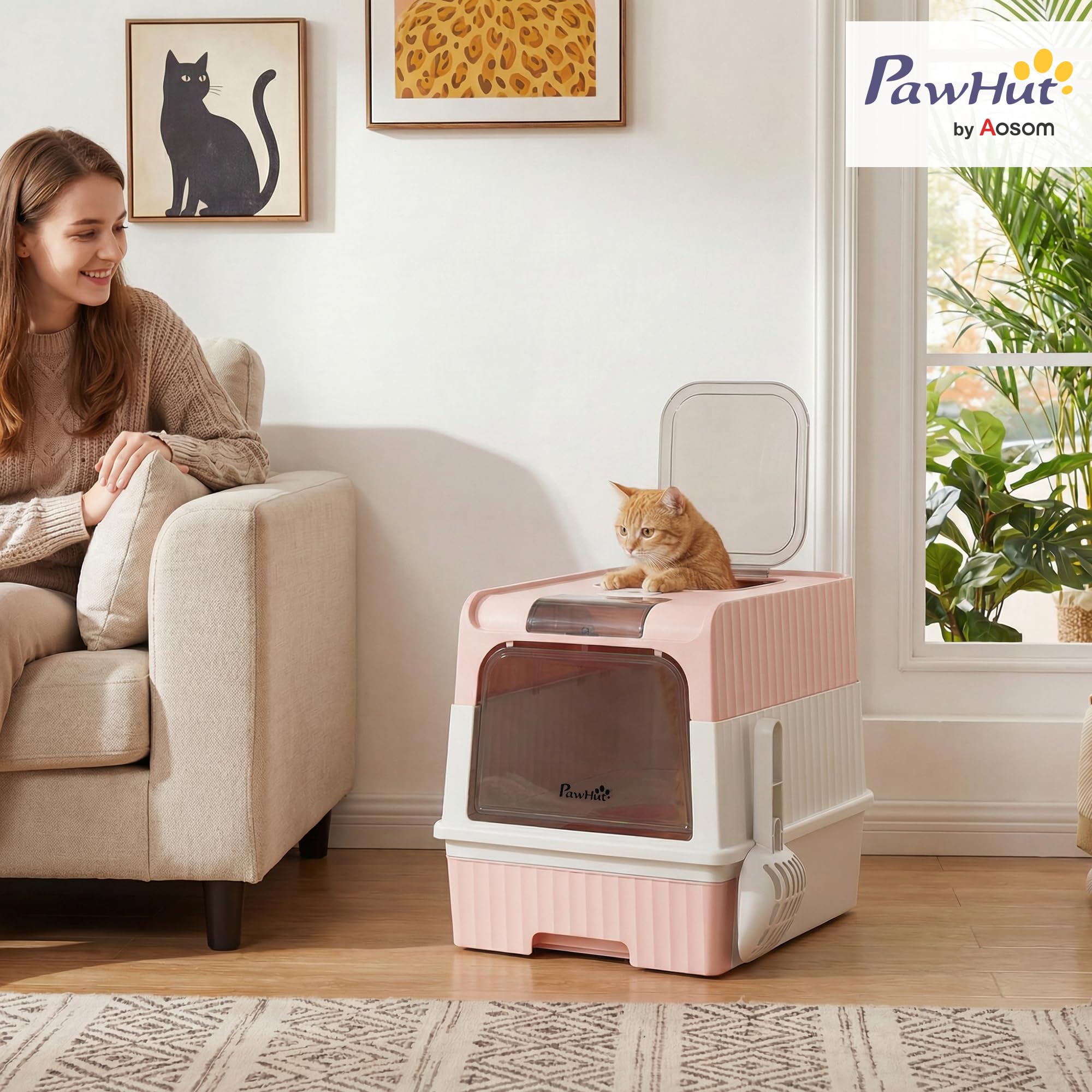 PawHut Litière Chat avec Couvercle, tiroir amov., Pelle, intimité, Rose