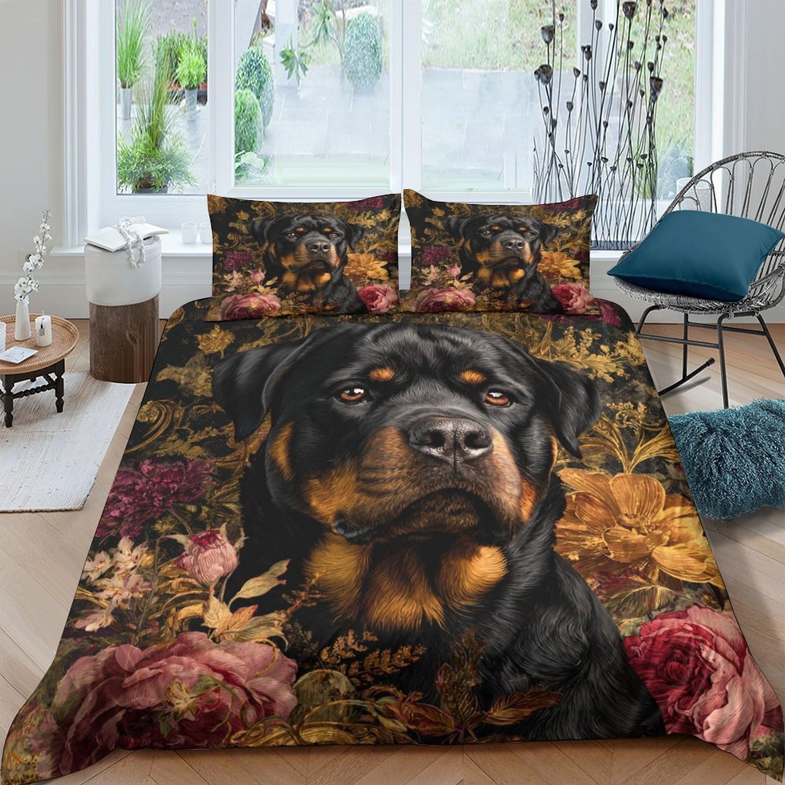 Ctjqhvkz Style-3 3D Printed Rottweiler Floral Fitted Sheet Microfiber Non Slip Bed Sheet For Bedroom Guest Room Decor Brown Single（135X200cm）