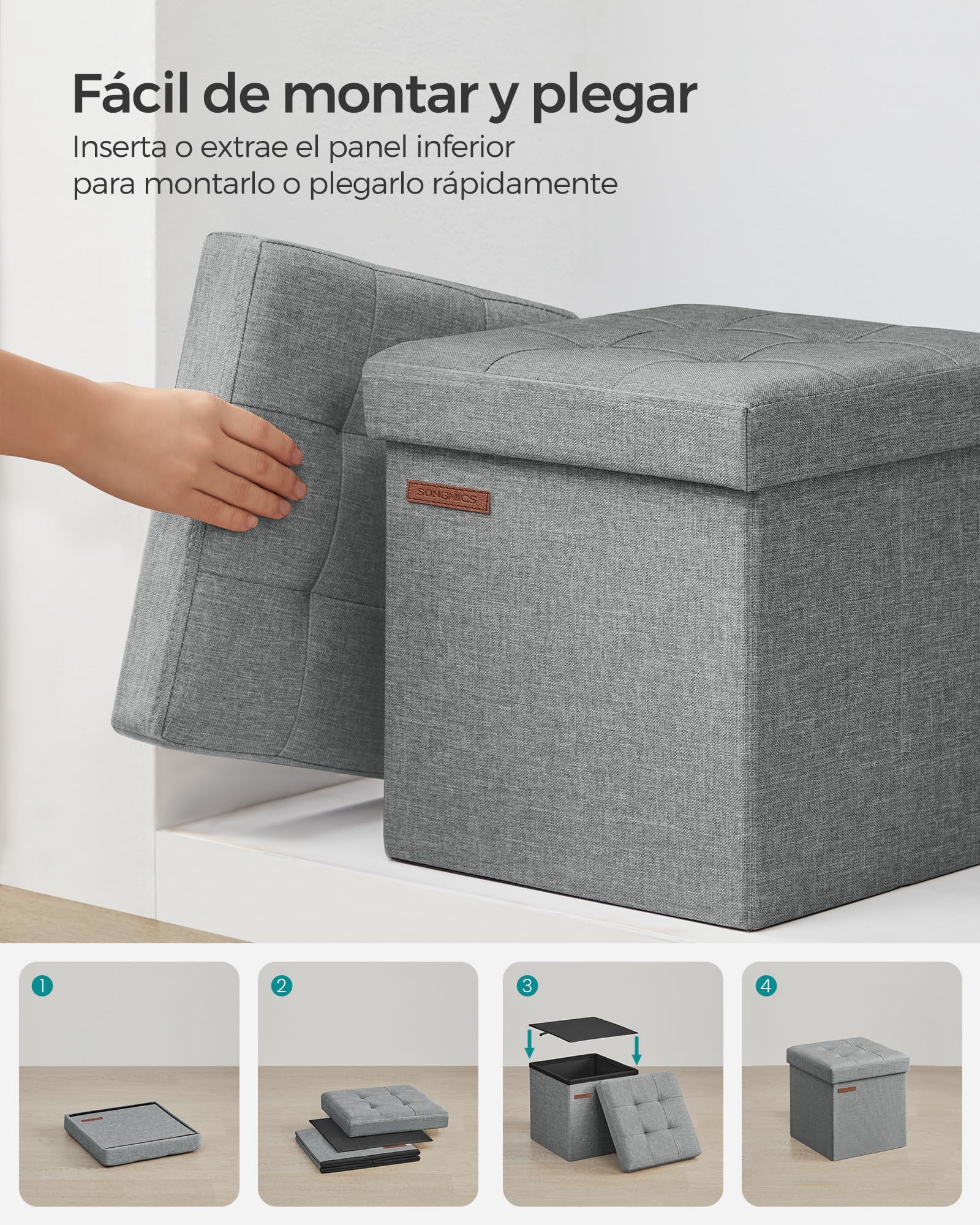 SONGMICS Puff Almacenaje, Baúl de Almacenaje Plegable, 30 x 30 cm, Taburete Reposapiés, Banco con Almacenamiento, Soporta hasta 130 kg, para Sala de Estar, Dormitotio, Gris Claro LSF028G02