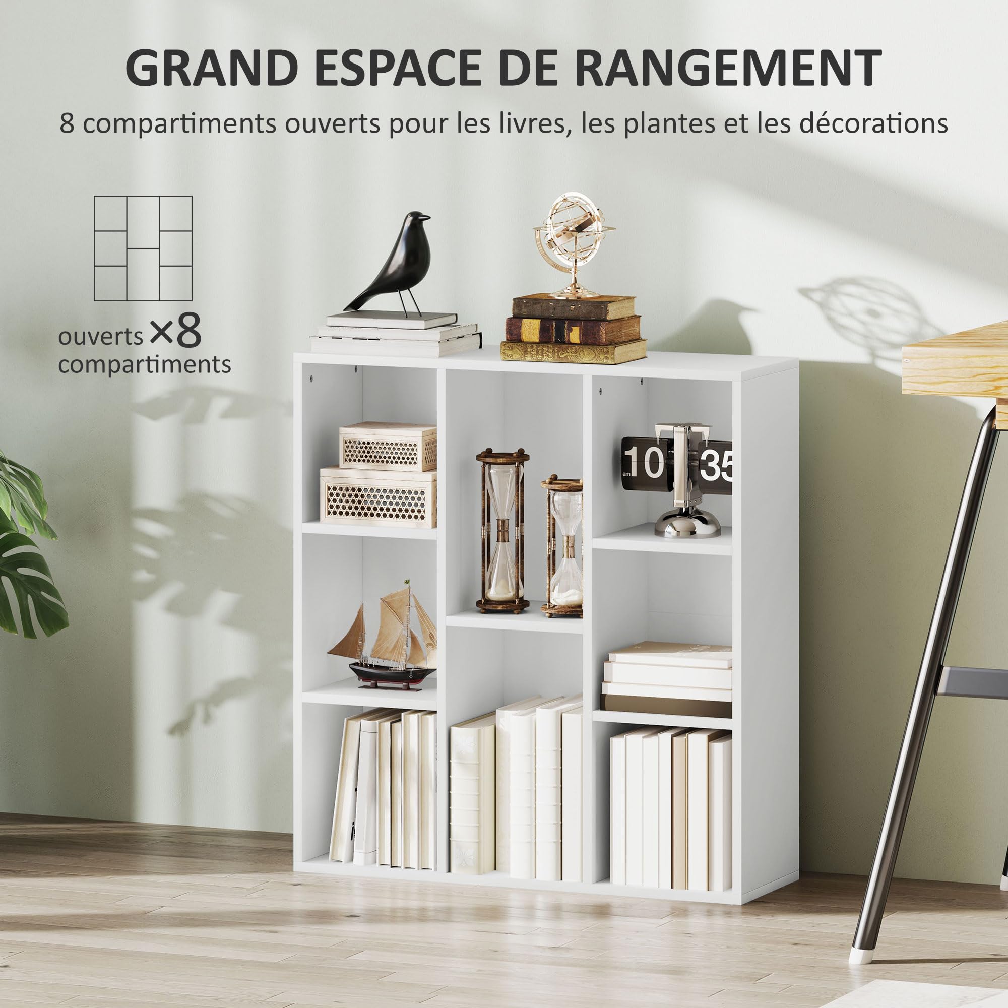 HOMCOM Bibliothèque, étagère de Rangement, Meuble de Rangement avec 8 Compartiments, pour Salon, Chambre à Coucher, Bureau, 74,3 x 24 x 80 cm, Blanc