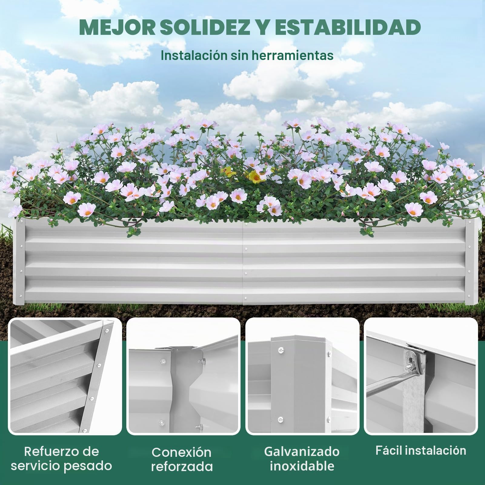 Bancal alto de metal 180 x 90 x 30 cm, acero galvanizado para el jardín, jardinero, jardinera, jardinera elevada para verduras, hierbas, flores, jardín, plata, rectángulo