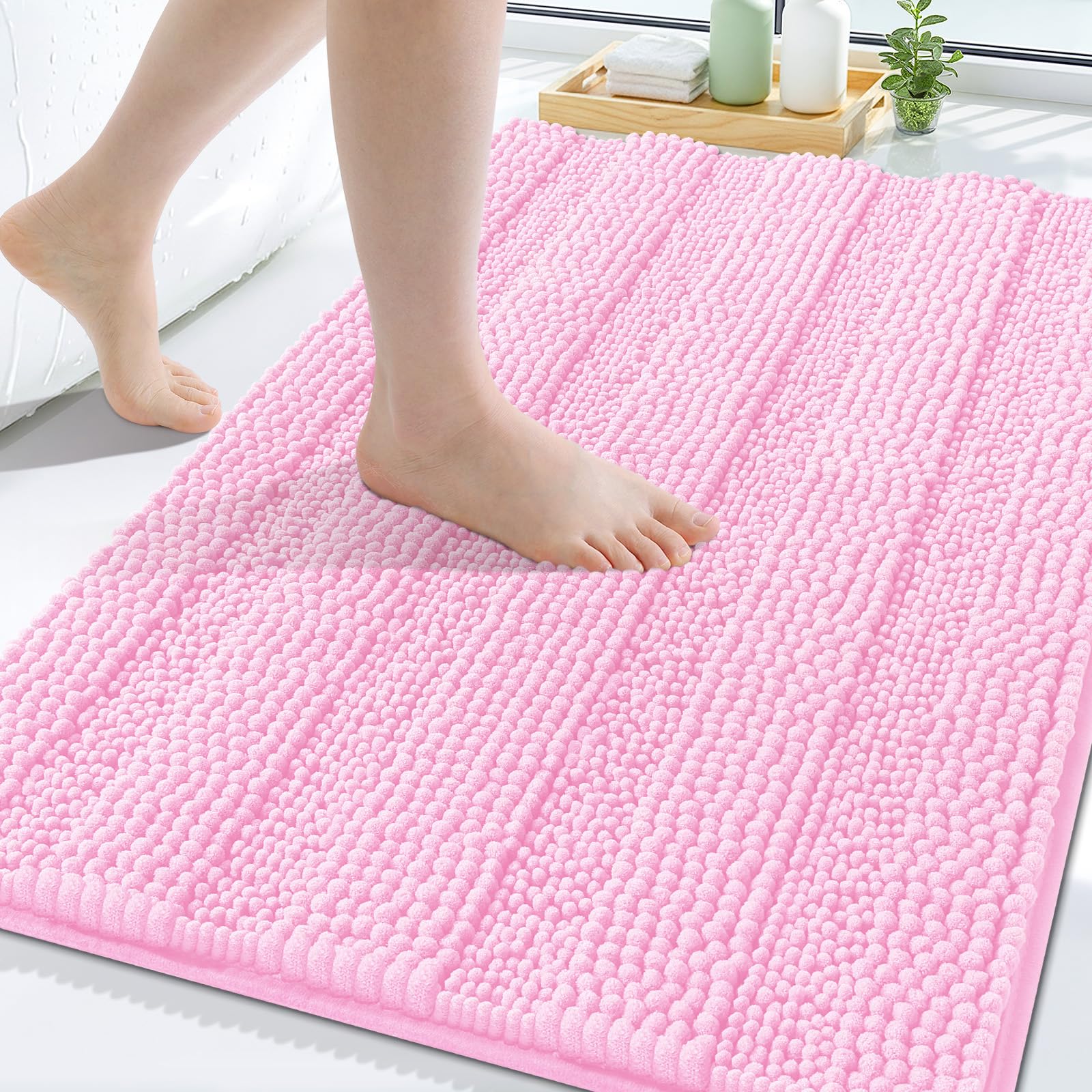 Grandaily Chenille Bathroom Rugs 24x16, Soft Bath Mats, Light Pink