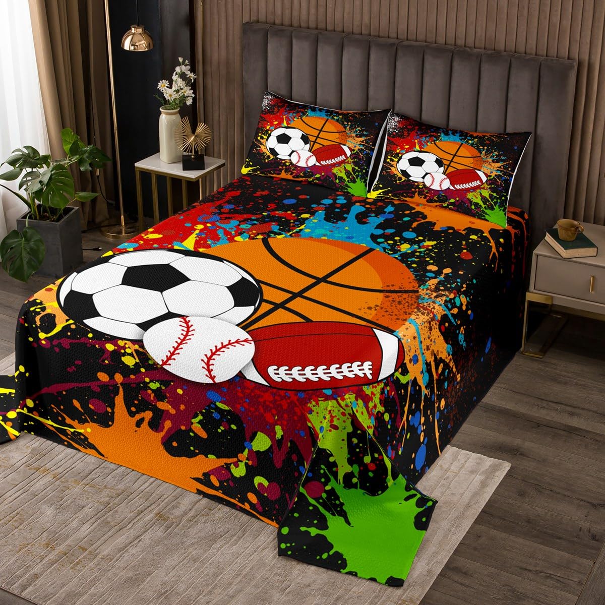 jejeloiu Mixed Ball Bedspread Twin Size Baseball Quilted Coverlet for Boys Girls Teens Basketball Coverlet Set Football Quilted Room Decor Multiful