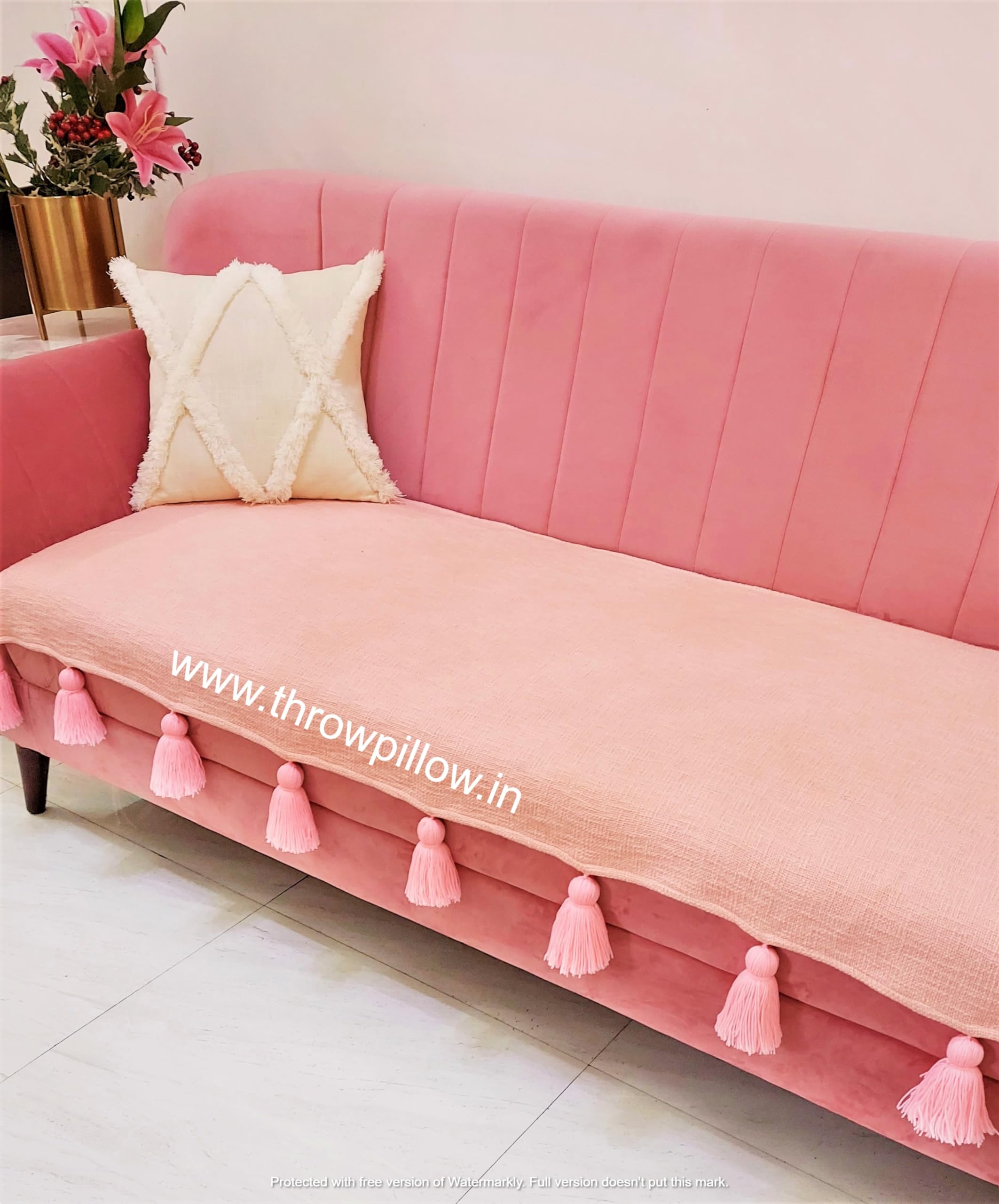 Blush Textured Weaved Cotton Sofa Cover Pink Tassels :Four Seater Sofa Cover -Durable, Heavyweight Fabric, Stylish & Functional :Seat & Front Back Protection -Set of 3 Covers- 4 Seater (2+1+1 Seater)-image-29