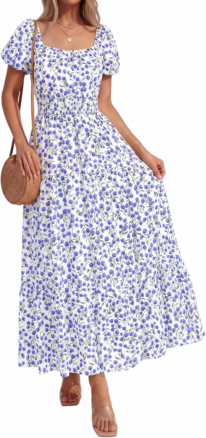 BTFBM Summer Dress for Women 2026 Spring Floral Short Sleeve Casual Flowy A-Line Smocked Tiered Maxi Dresses Pockets