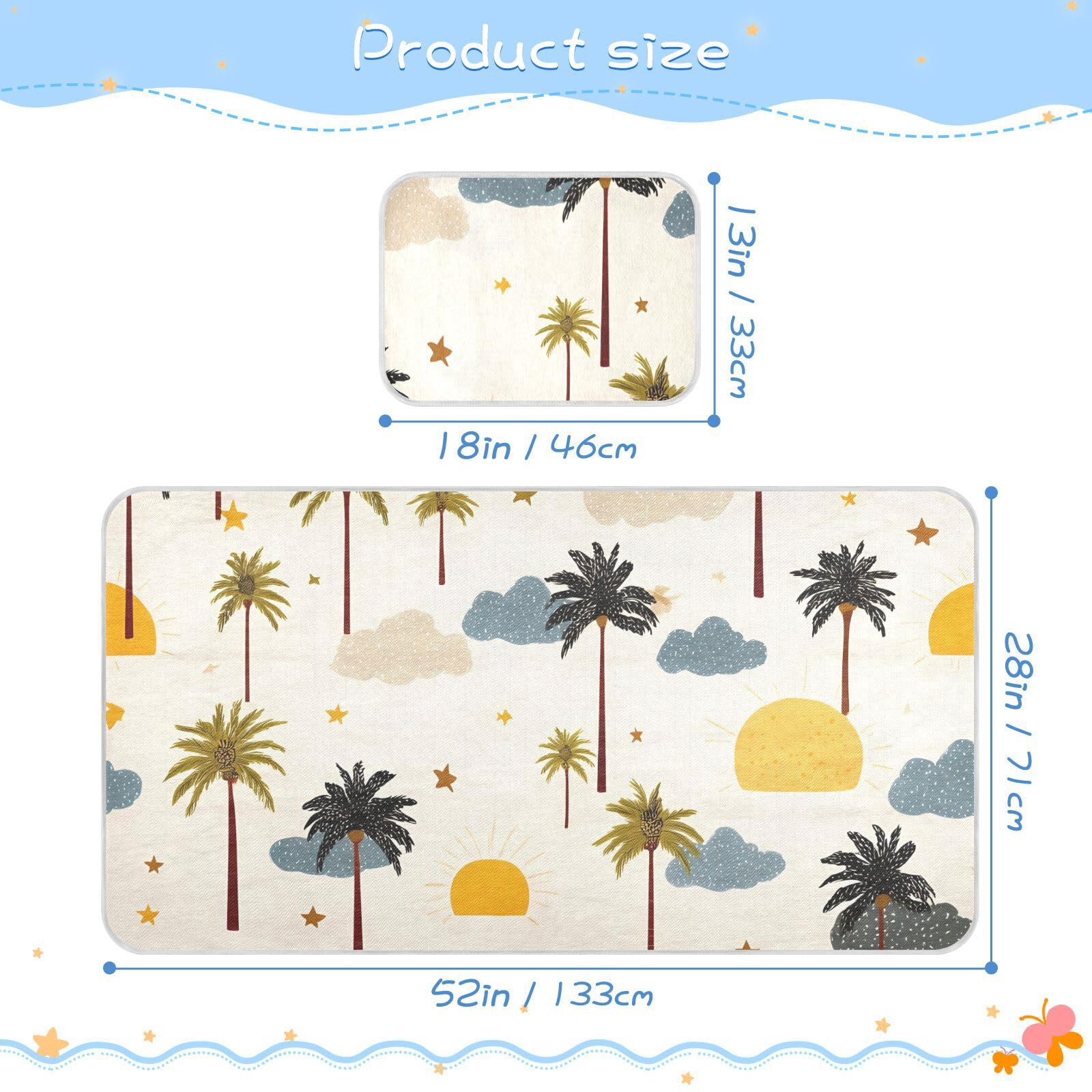 Bolaz Summer Sleeping Bed Pad, Palm Trees Clouds Pattern Cooling Mattress Set Breathable Bed Mat Ice Silk Mat + Pillow Cover for Toddler Boys Girls