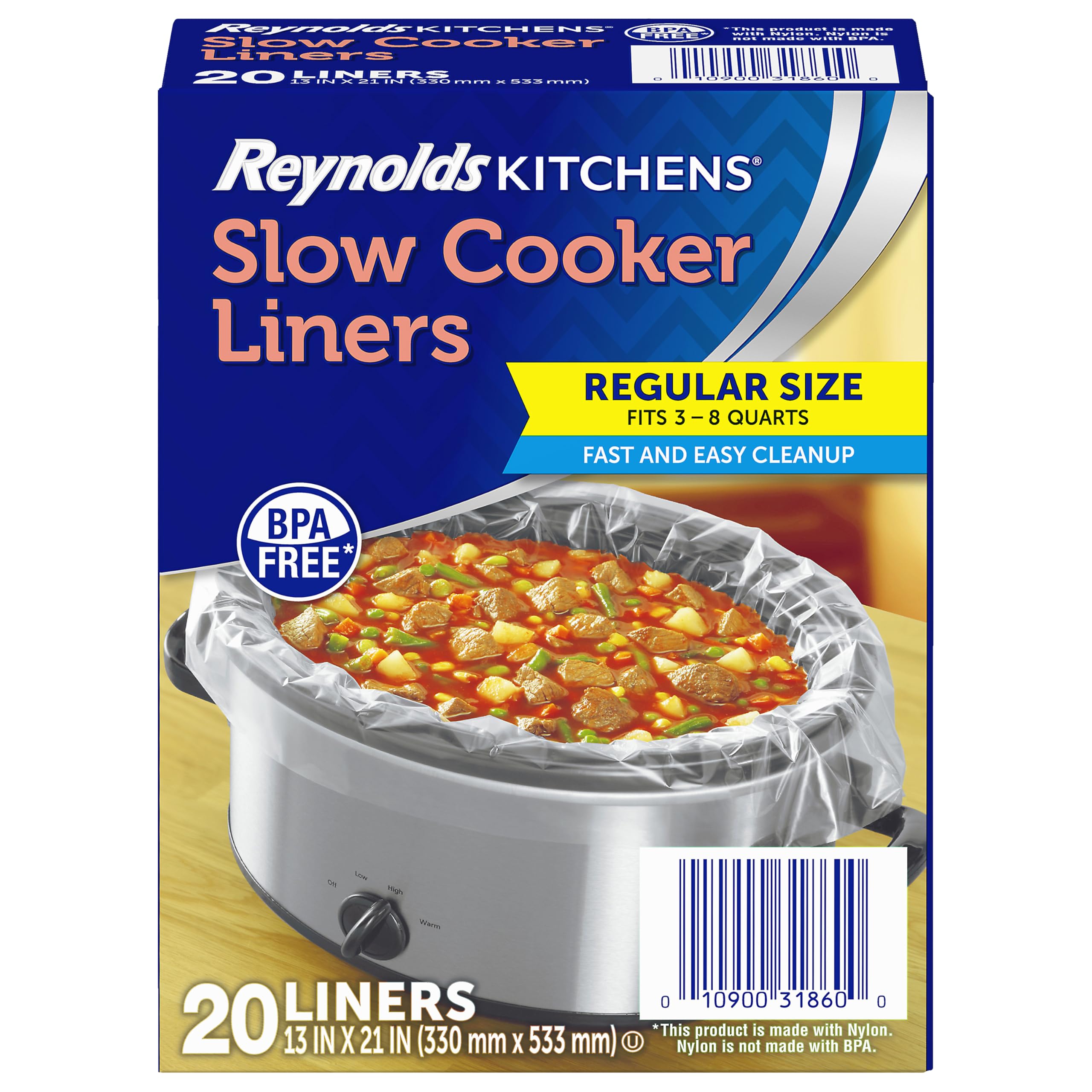 Photo 1 of ??Reynolds Kitchens Bulk Slow Cooker Liners, 20 Count, Fits 3-8 Quart Round and Oval Slow Cookers, Regular Size, BPA-Free Nylon Blend Construction, Heat-Resistant Up to 400F, Prevents Stuck on Food?