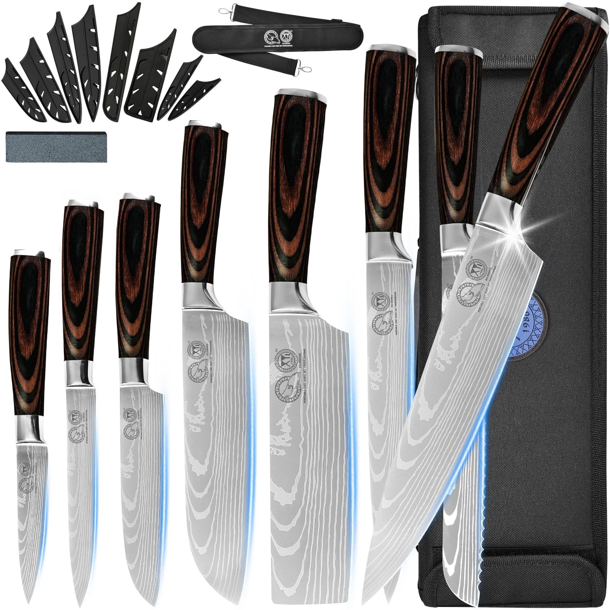 XYJ Stainless Steel Kitchen Knives Set 8 Piece Chef Knife Set with Carry Case Bag & Sheath Well Balance Ergonomic Handle