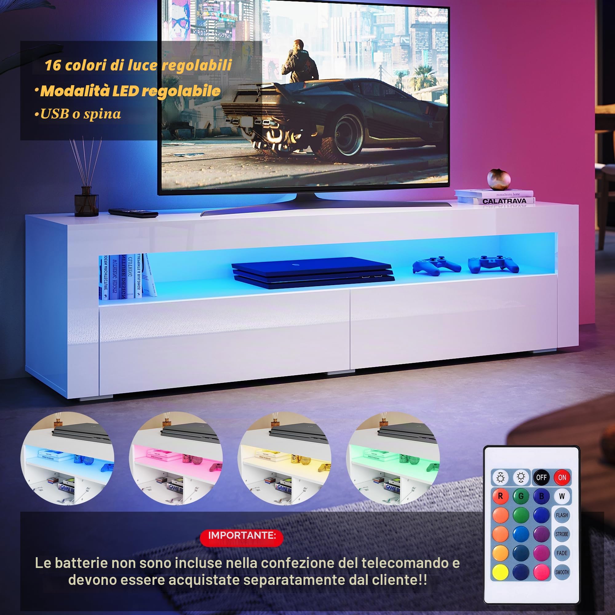 Mobile TV bianco lucido, 160 cm, con illuminazione a LED, 160 x 40 x 45 cm (larghezza x profondità x altezza), per soggiorno, moderno, mobile in legno