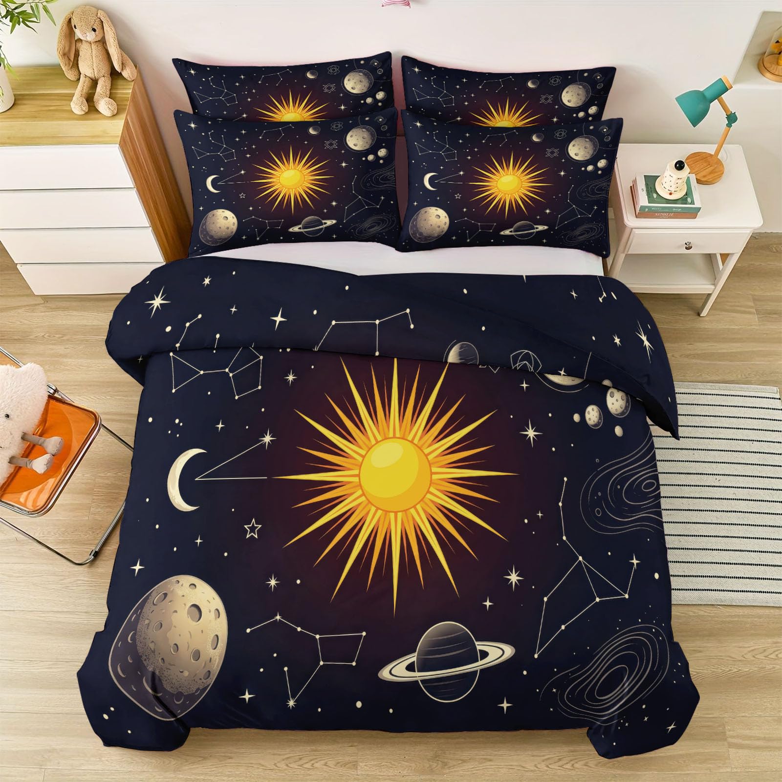 Set di biancheria da letto matrimoniale con copripiumino bohémien, reversibile, in morbida microfibra traspirante, con sole, luna e stelle, 200 x 200 cm, con 2 federe, facile da pulire