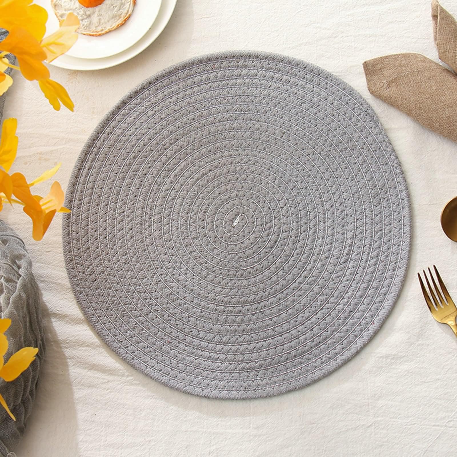 Set di 4 sottopiatti moderni 30 cm, sotto piatti rotondi in cotone lino, grigio argento, argento
