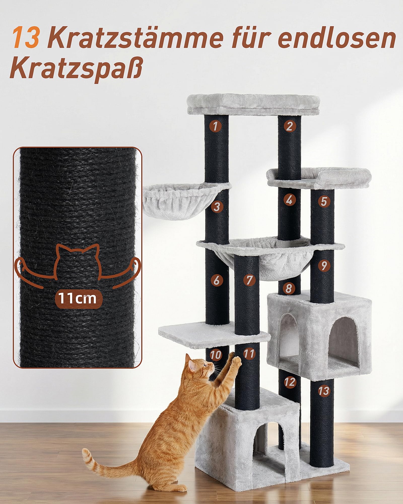Kratzbaum für Große Katzen, 164cm Kratzbaum Groß, 11cm d Stämme | Kratzbaum Grosse Katzen Stabil, 2 Hängematte, 2 Plüschplattform, 2 Höhle, Mehrstöckiger Katzenbaum für Große Katzen, Grau